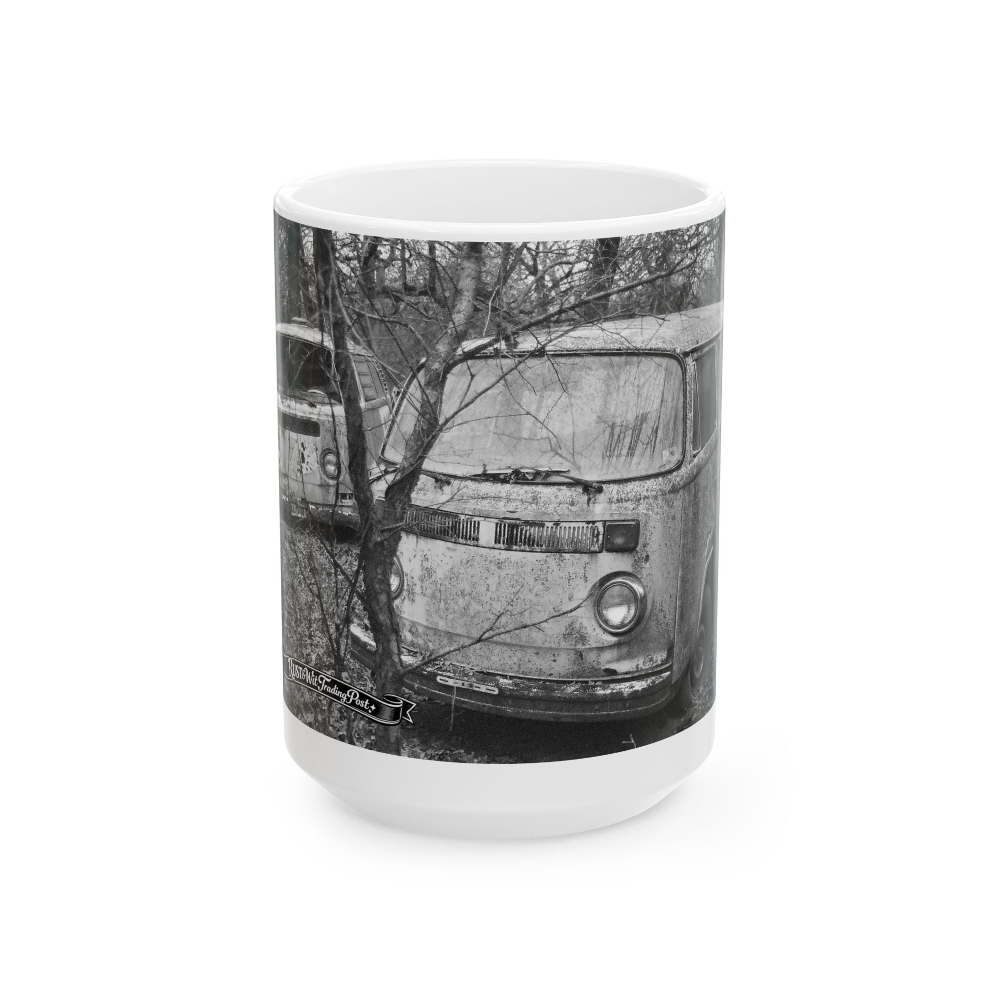 Vintage Rusty VW Bus Photo Mug | Black and White Camper Van Coffee Cup
