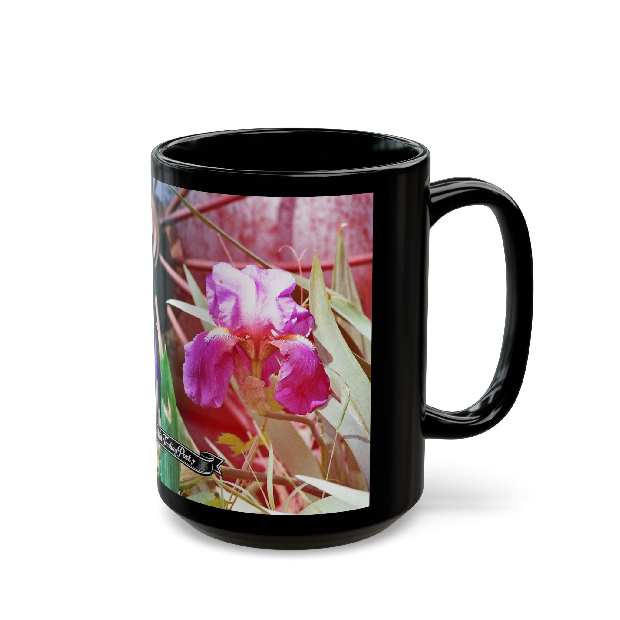 Pink Iris Floral Photo Mug | Black Ceramic Coffee Mug