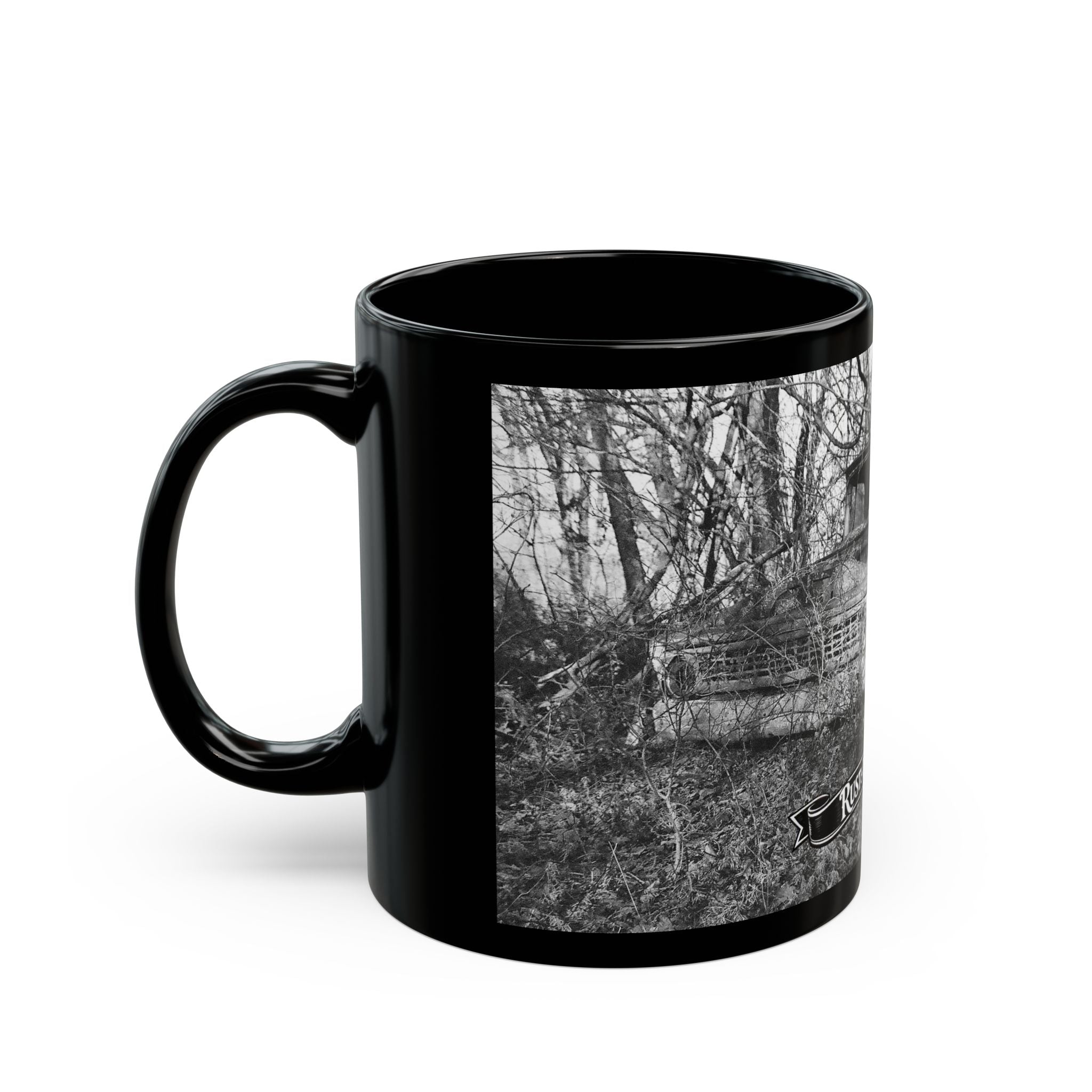 Abandoned Truck Scene Black Mug | Rustic Farmhouse Graveled Road Photo