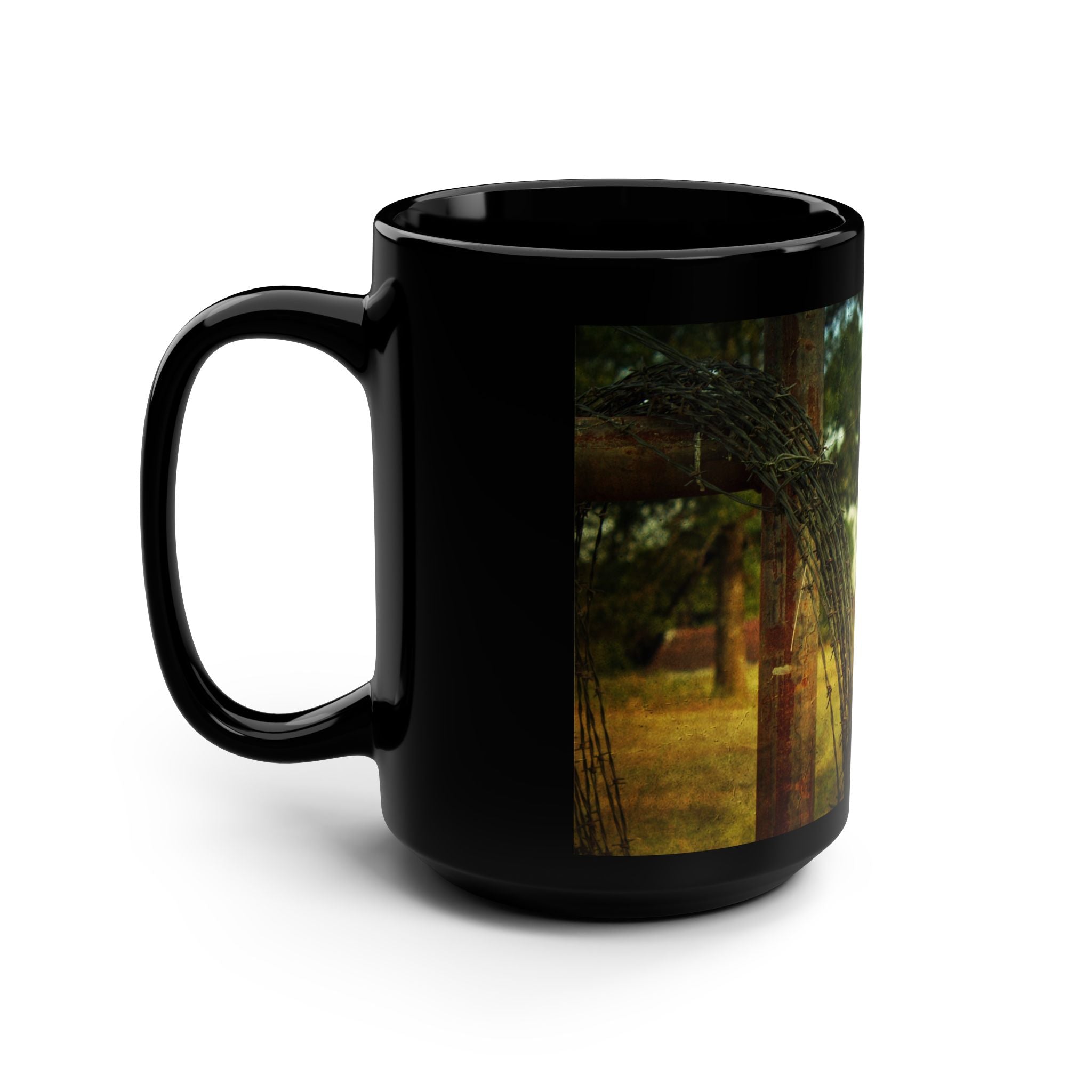 Rust & Wit Trading Post 15oz Black Coffee Mug — Rustic Vintage Field Logo