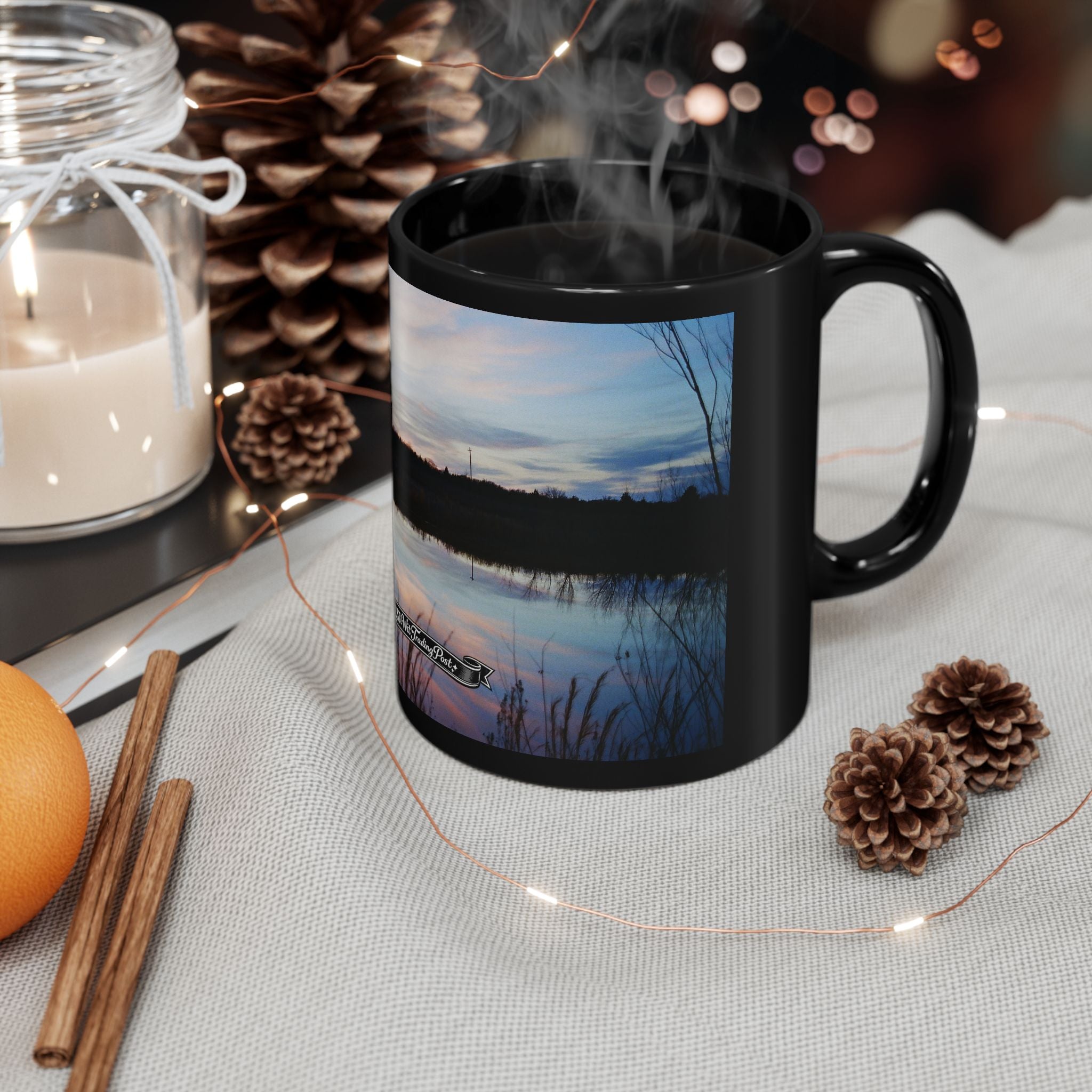 Oklahoma Sunset Lake Scene Mug | Black Ceramic Coffee Mug