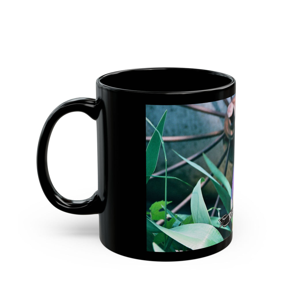 Pink Iris Floral Photo Mug | Black Ceramic Coffee Mug