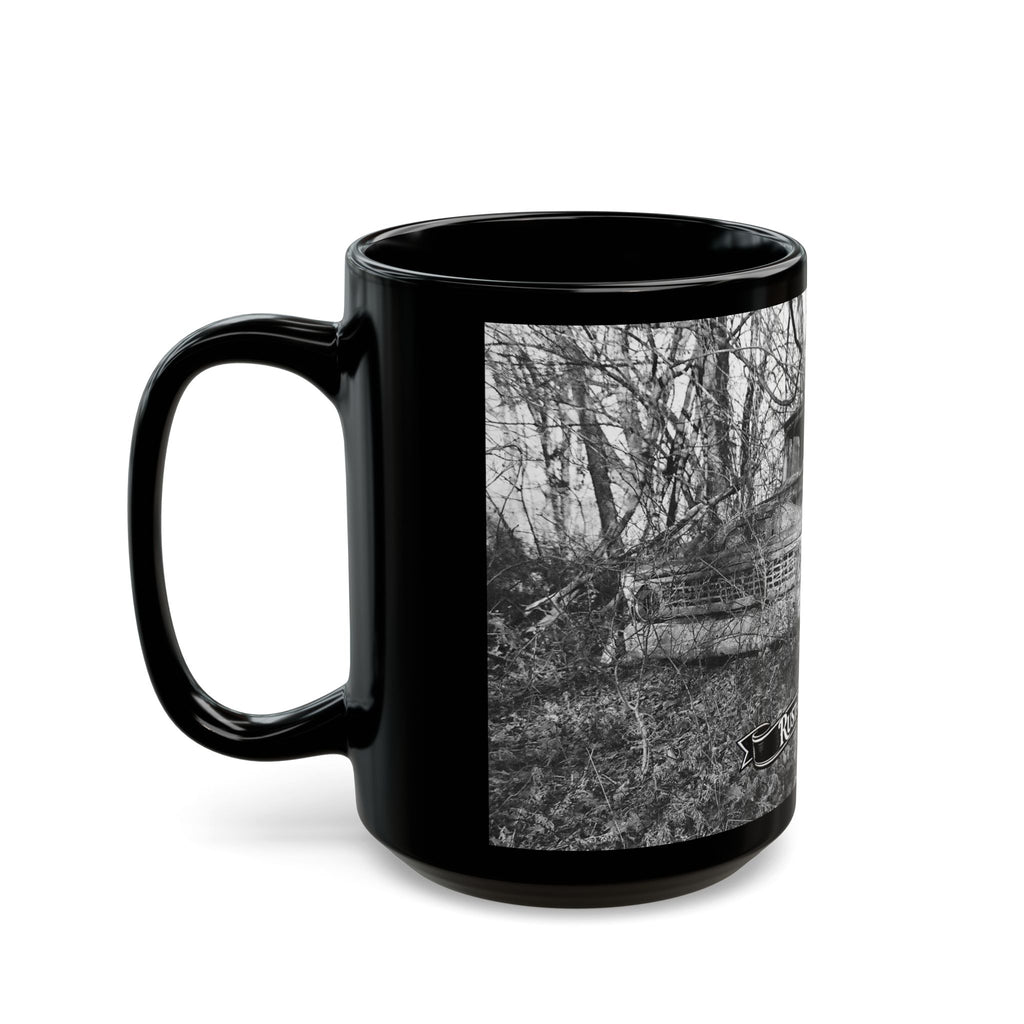 Abandoned Truck Scene Black Mug | Rustic Farmhouse Graveled Road Photo