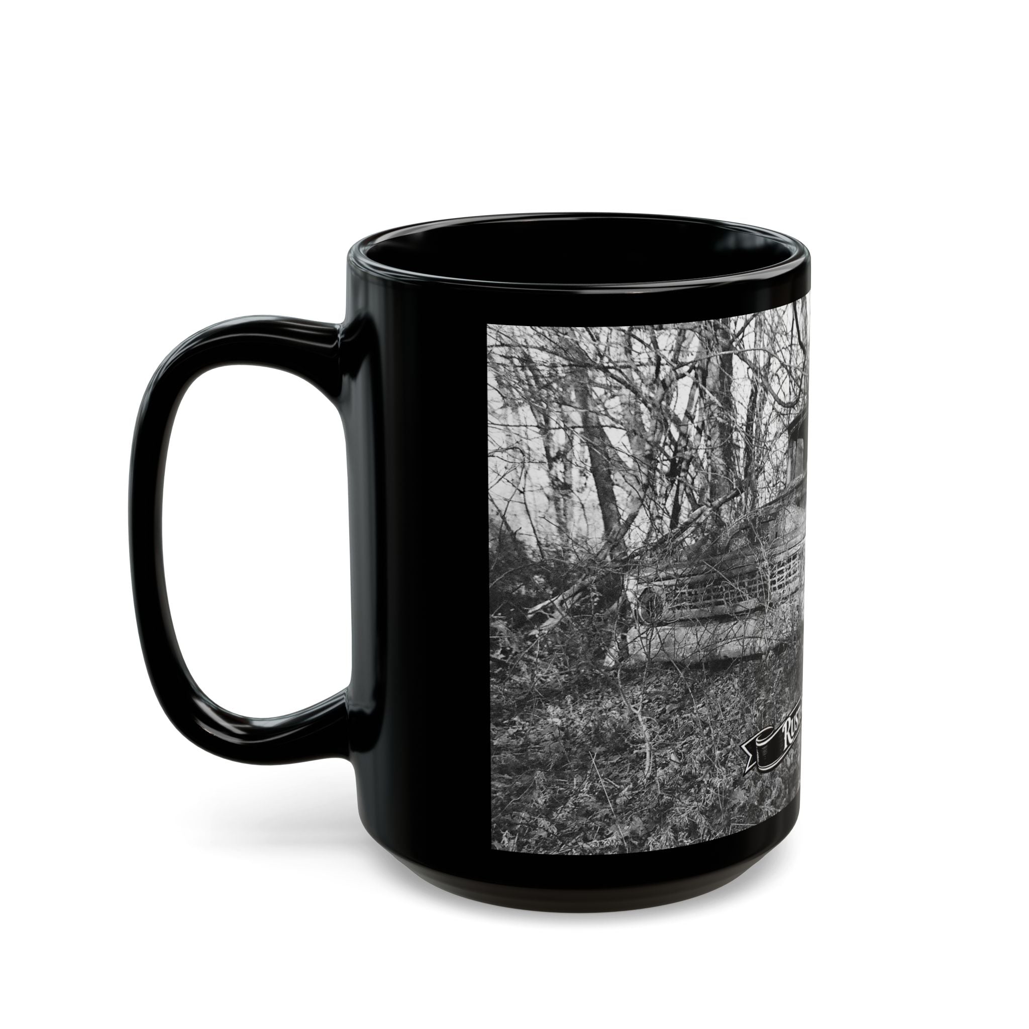 Abandoned Truck Scene Black Mug | Rustic Farmhouse Graveled Road Photo