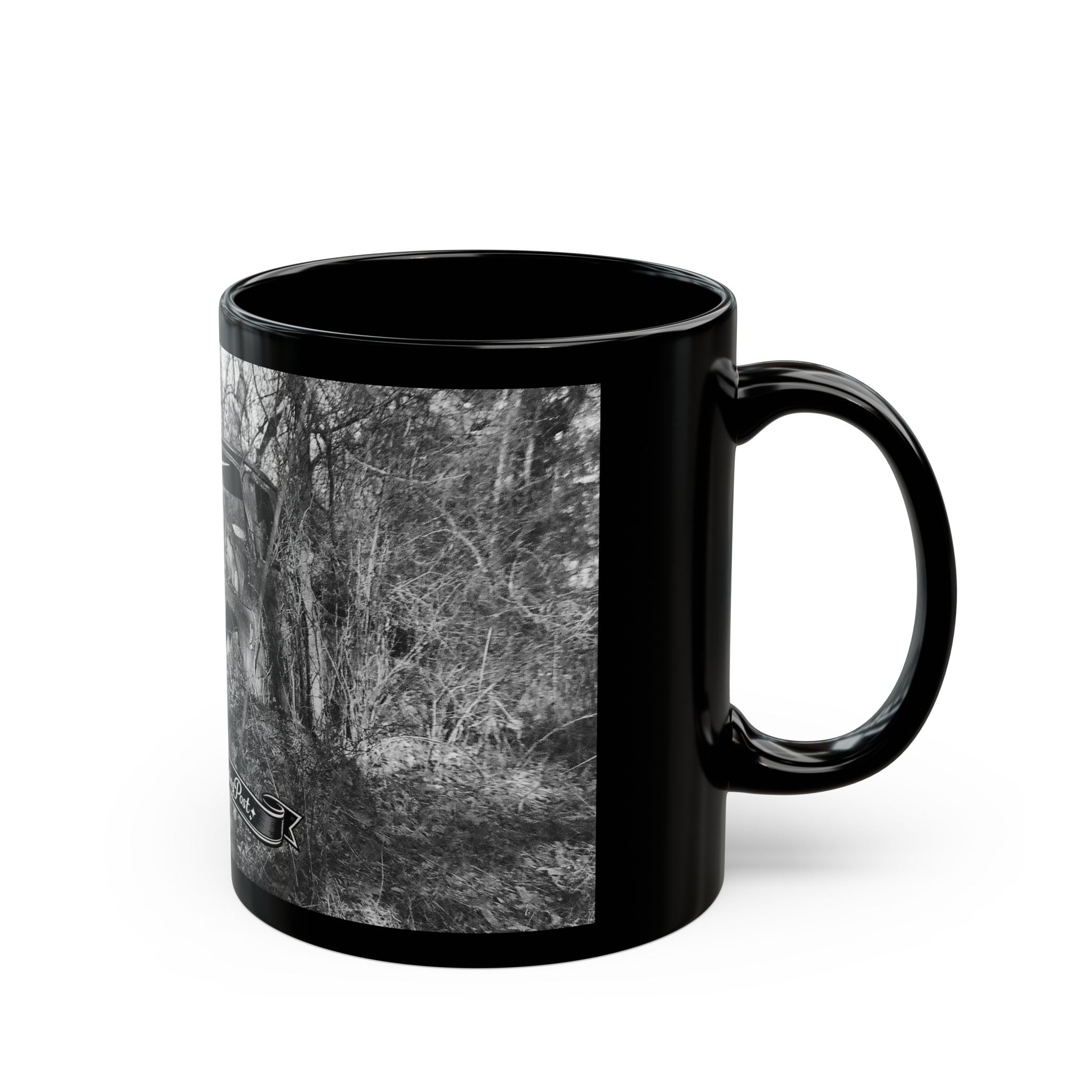 Abandoned Truck Scene Black Mug | Rustic Farmhouse Graveled Road Photo