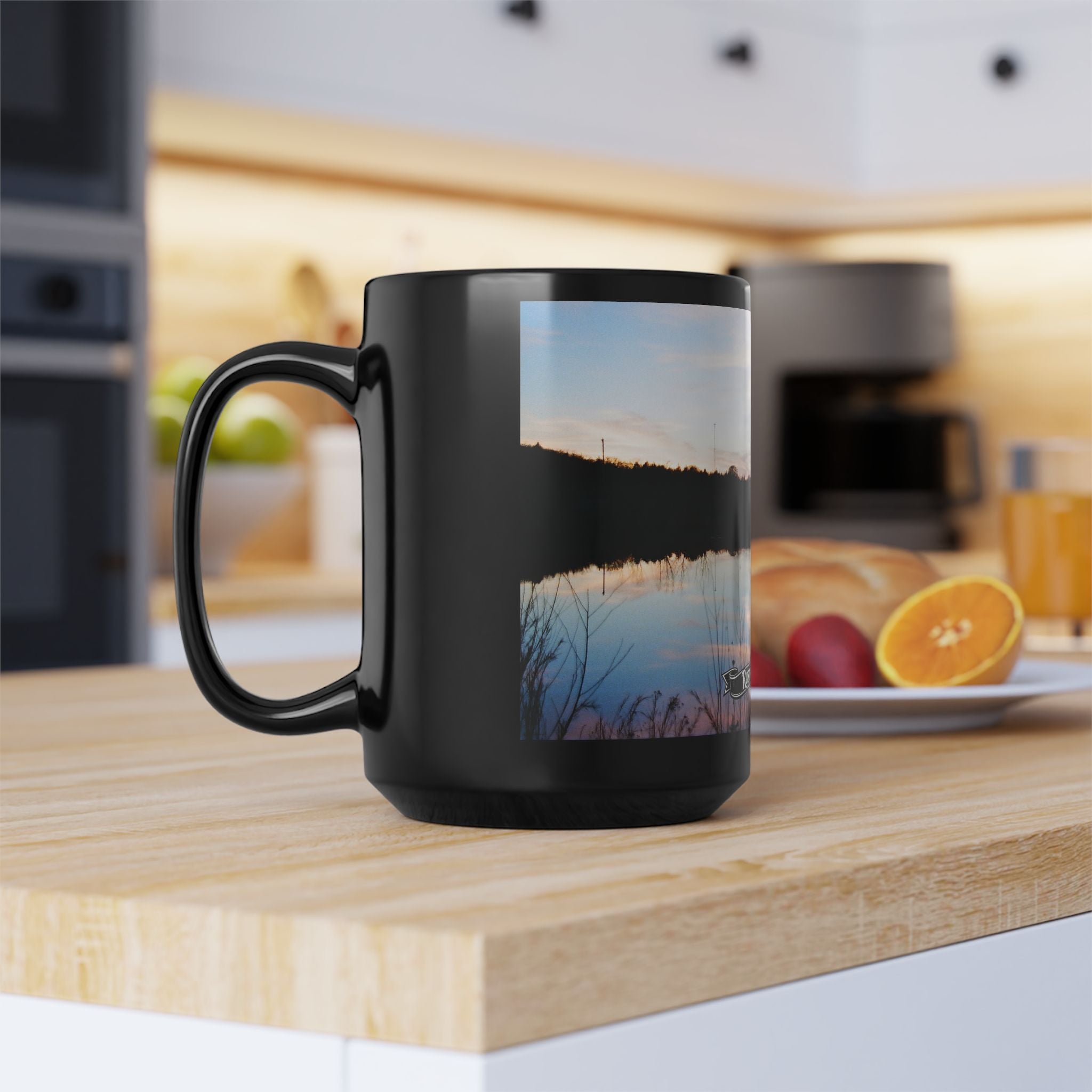 Oklahoma Sunset Lake Scene Mug | Black Ceramic Coffee Mug