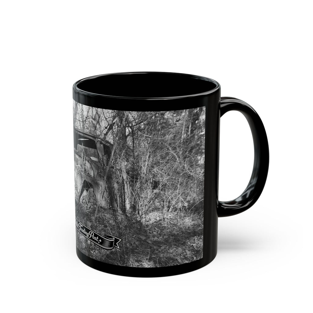 Abandoned Truck Scene Black Mug | Rustic Farmhouse Graveled Road Photo
