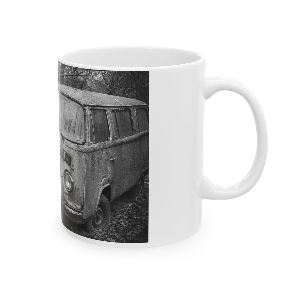 Vintage Rusty VW Bus Photo Mug | Black and White Camper Van Coffee Cup