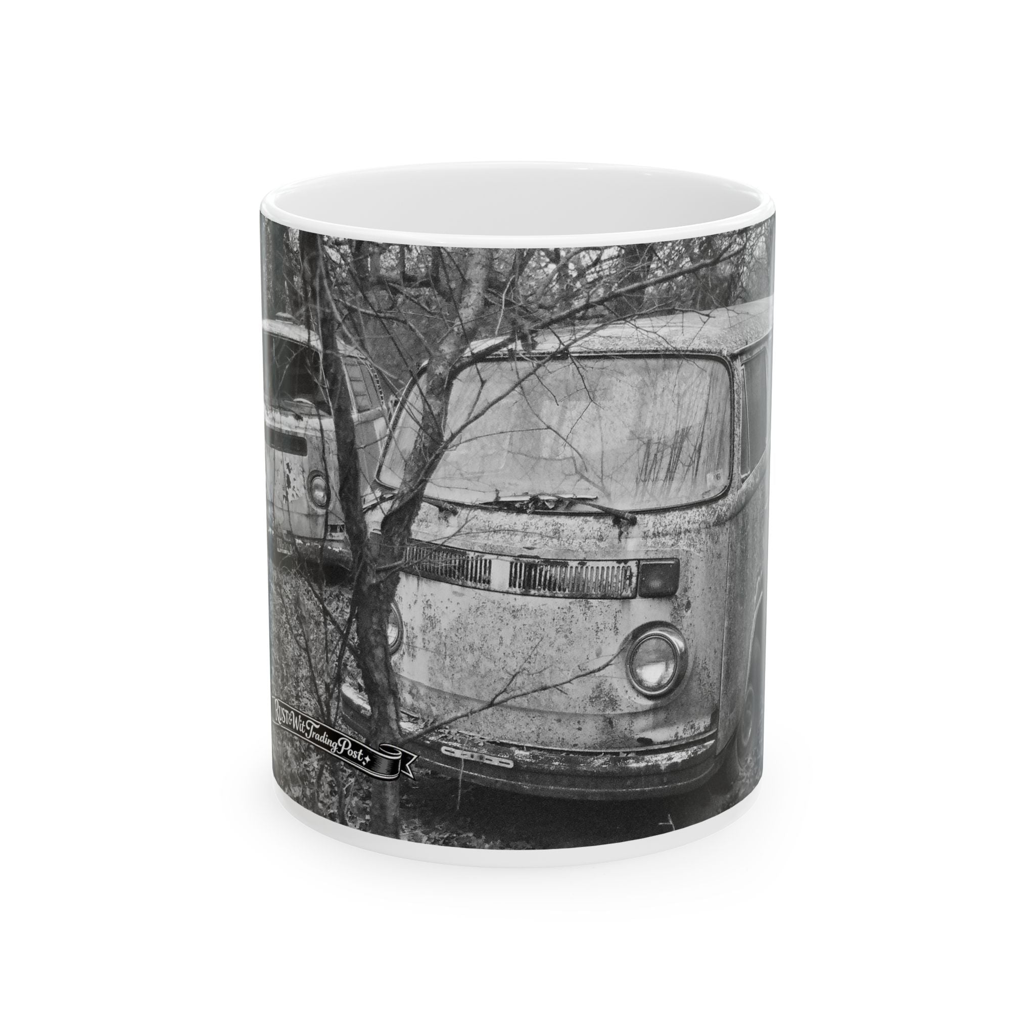 Vintage Rusty VW Bus Photo Mug | Black and White Camper Van Coffee Cup