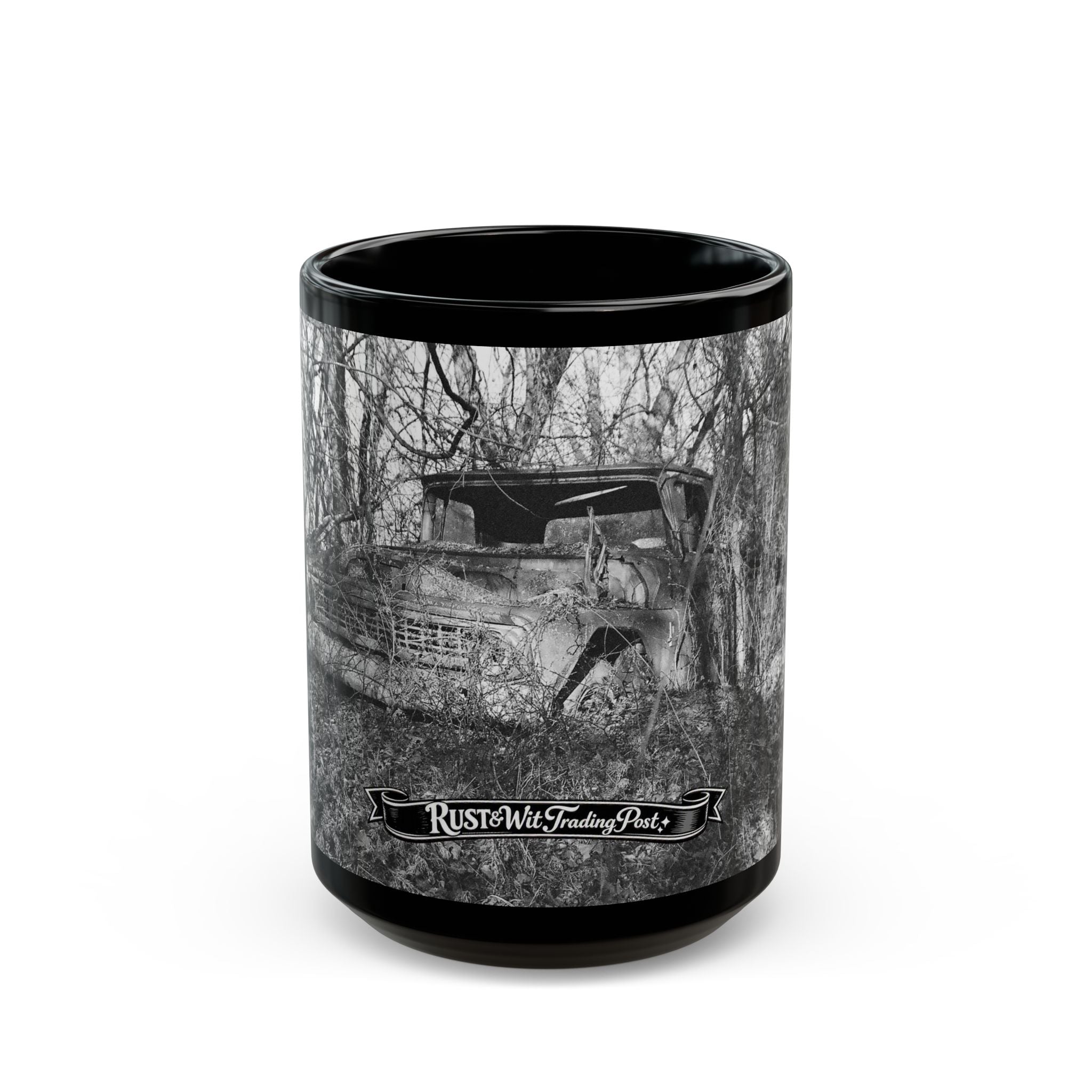 Abandoned Truck Scene Black Mug | Rustic Farmhouse Graveled Road Photo