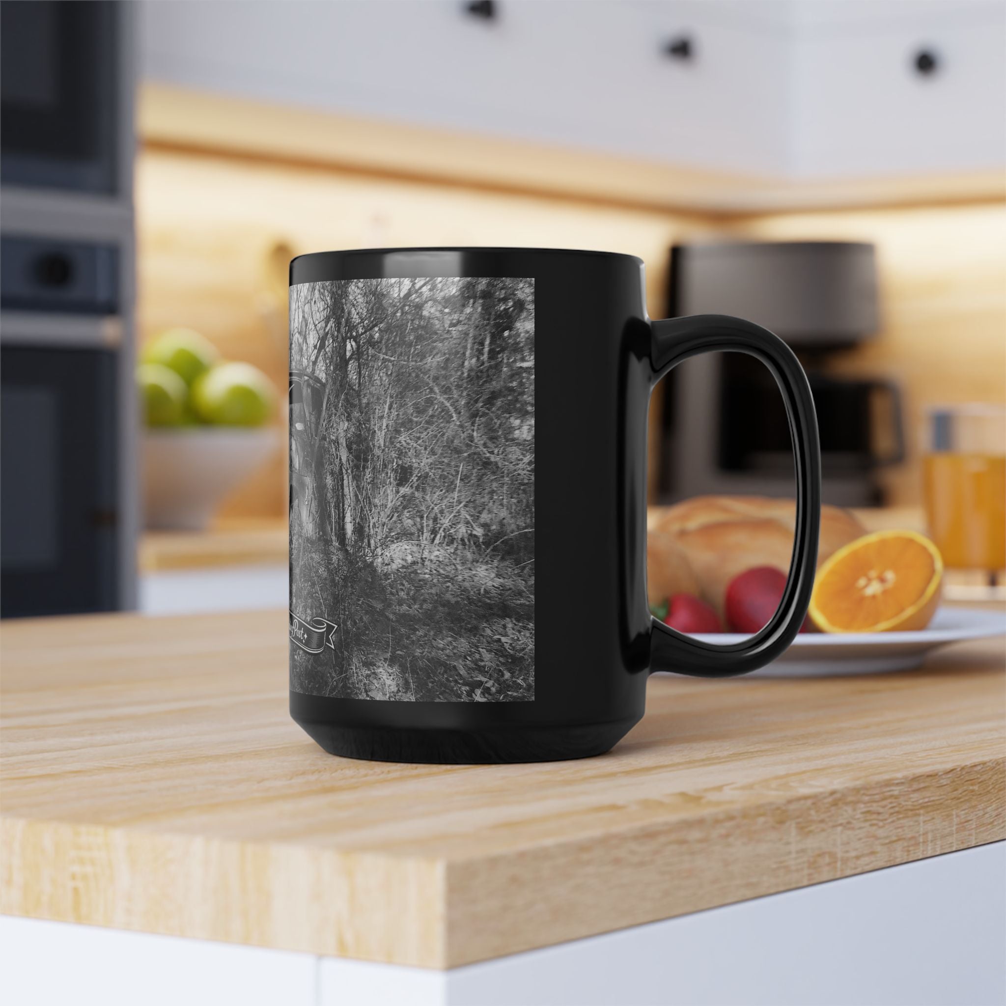 Abandoned Truck Scene Black Mug | Rustic Farmhouse Graveled Road Photo
