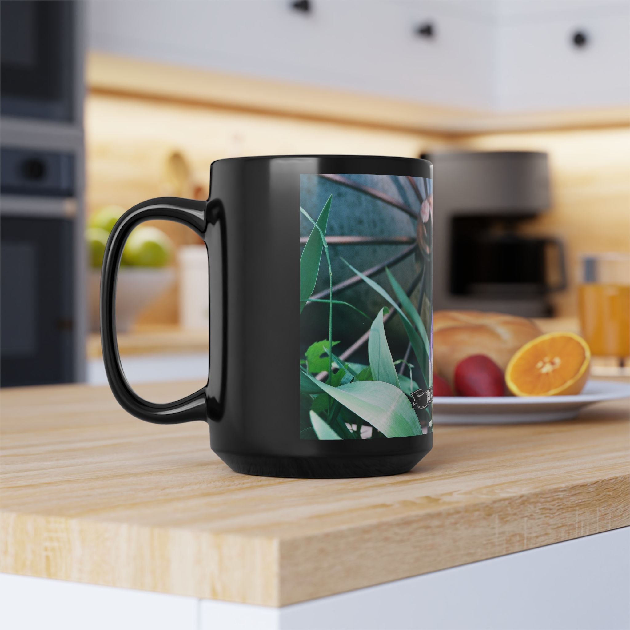 Pink Iris Floral Photo Mug | Black Ceramic Coffee Mug