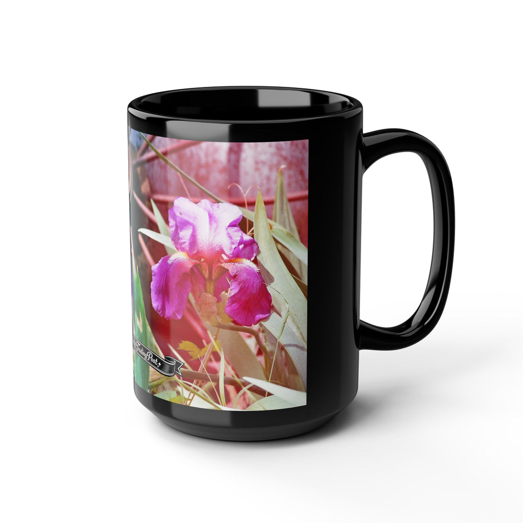 Pink Iris Floral Photo Mug | Black Ceramic Coffee Mug