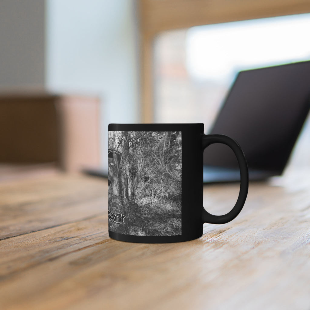Abandoned Truck Scene Black Mug | Rustic Farmhouse Graveled Road Photo