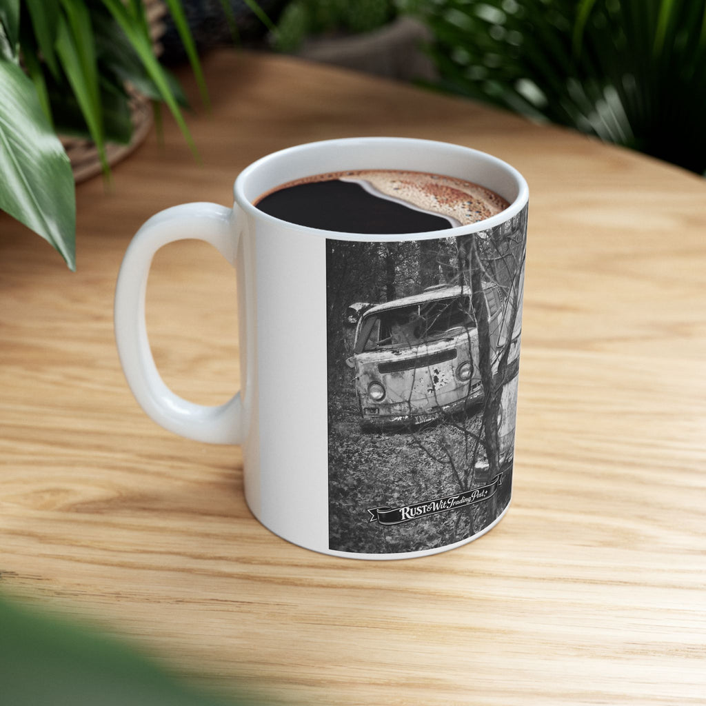 Vintage Rusty VW Bus Photo Mug | Black and White Camper Van Coffee Cup