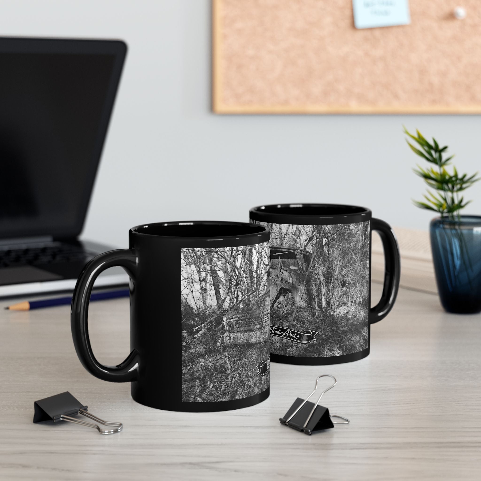 Abandoned Truck Scene Black Mug | Rustic Farmhouse Graveled Road Photo