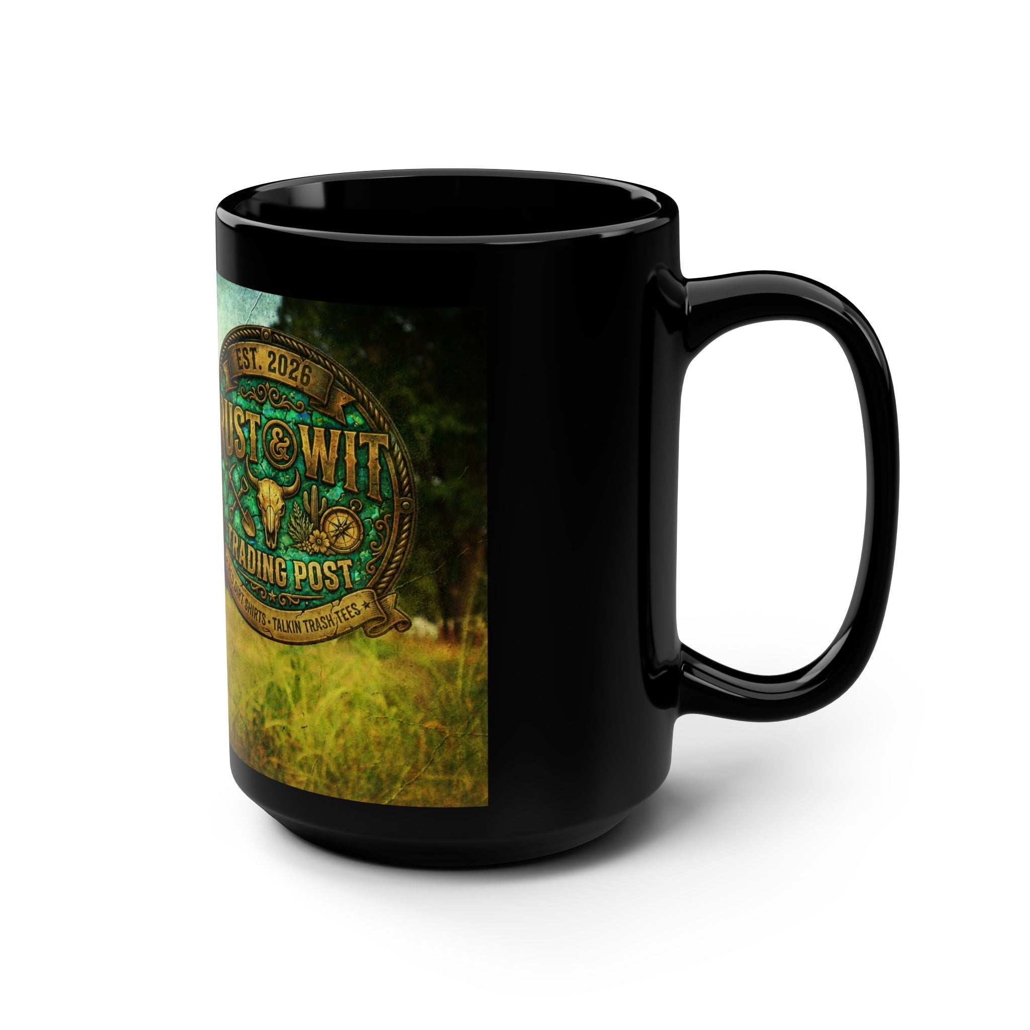 Rust & Wit Trading Post 15oz Black Coffee Mug — Rustic Vintage Field Logo