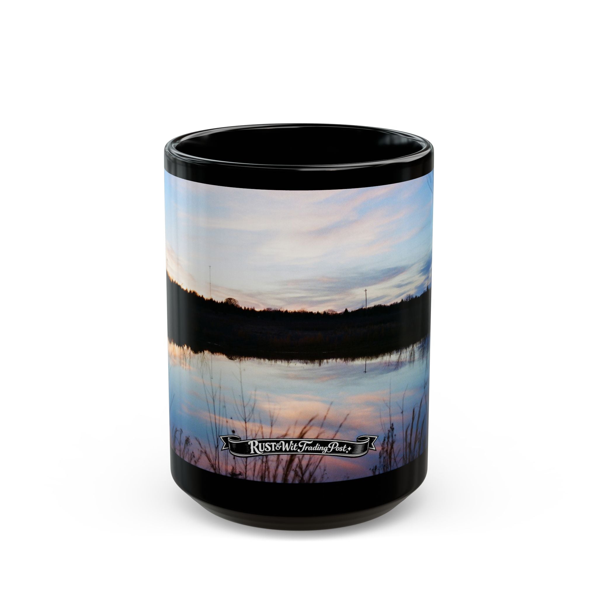 Oklahoma Sunset Lake Scene Mug | Black Ceramic Coffee Mug