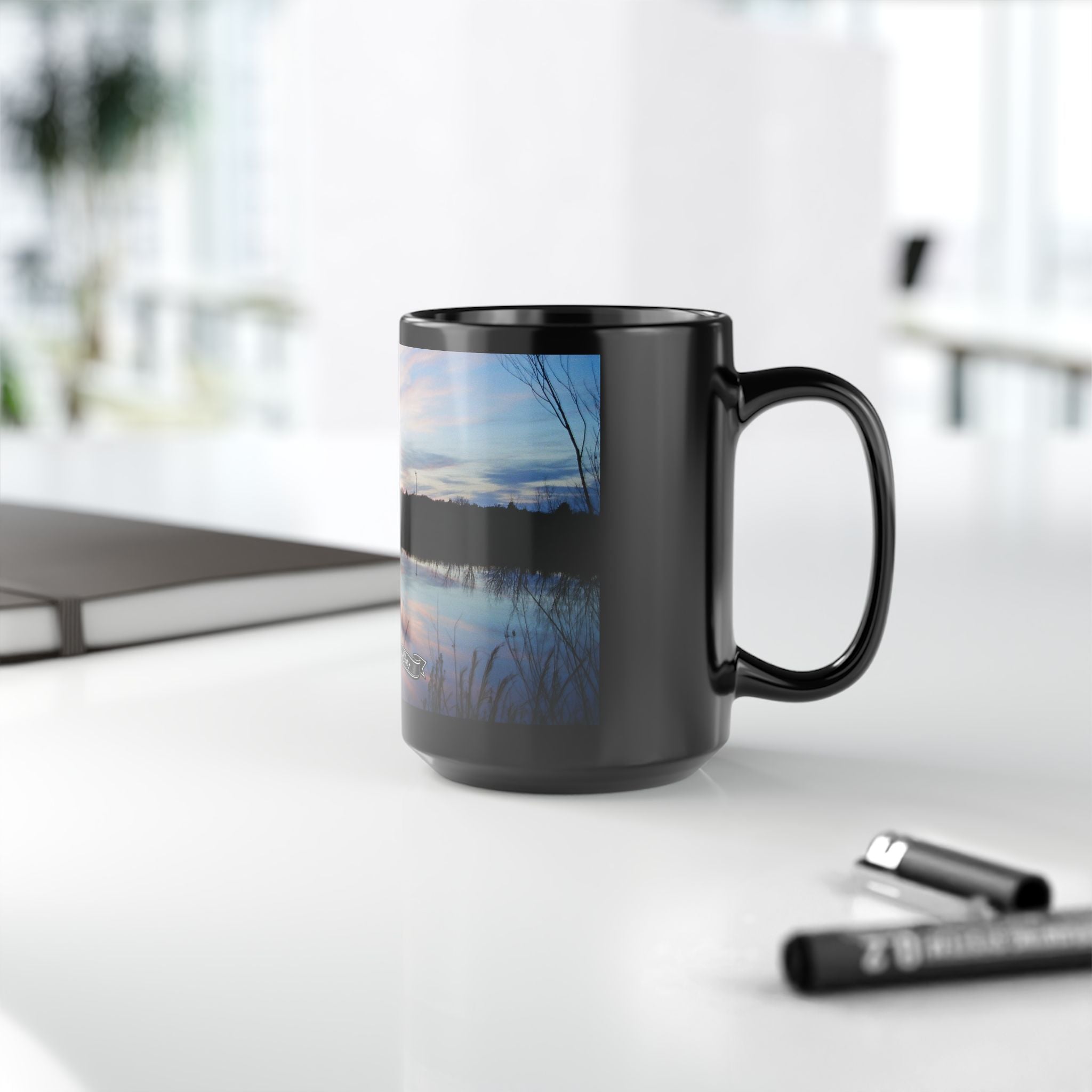 Oklahoma Sunset Lake Scene Mug | Black Ceramic Coffee Mug