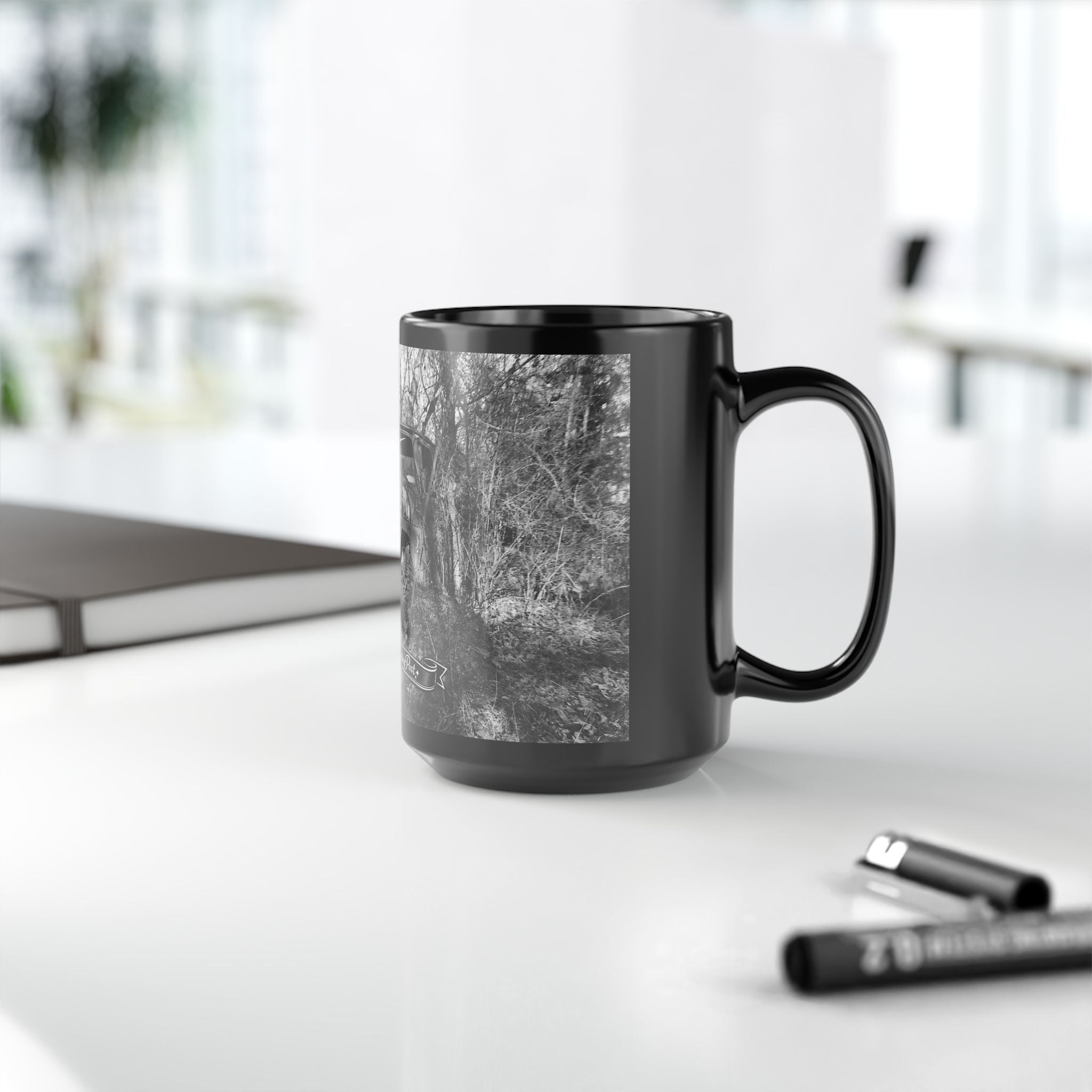 Abandoned Truck Scene Black Mug | Rustic Farmhouse Graveled Road Photo