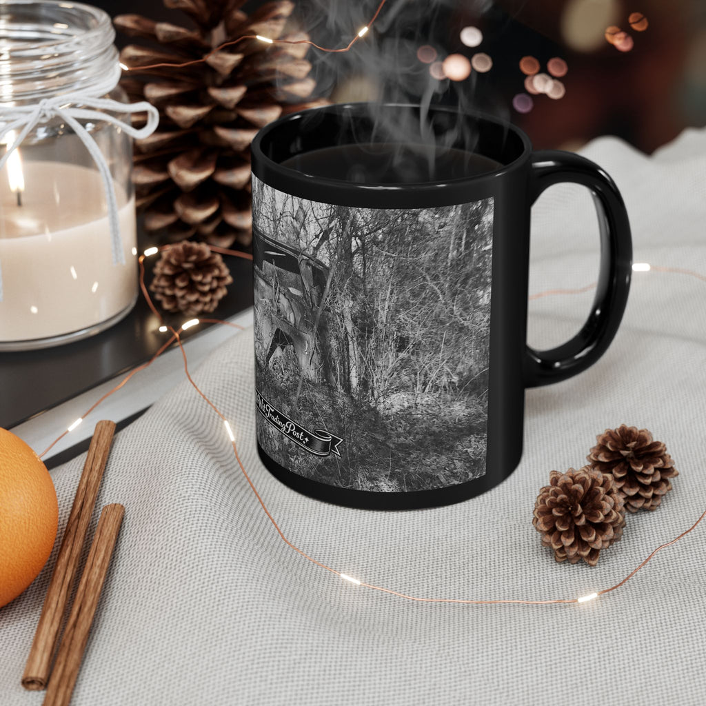 Abandoned Truck Scene Black Mug | Rustic Farmhouse Graveled Road Photo