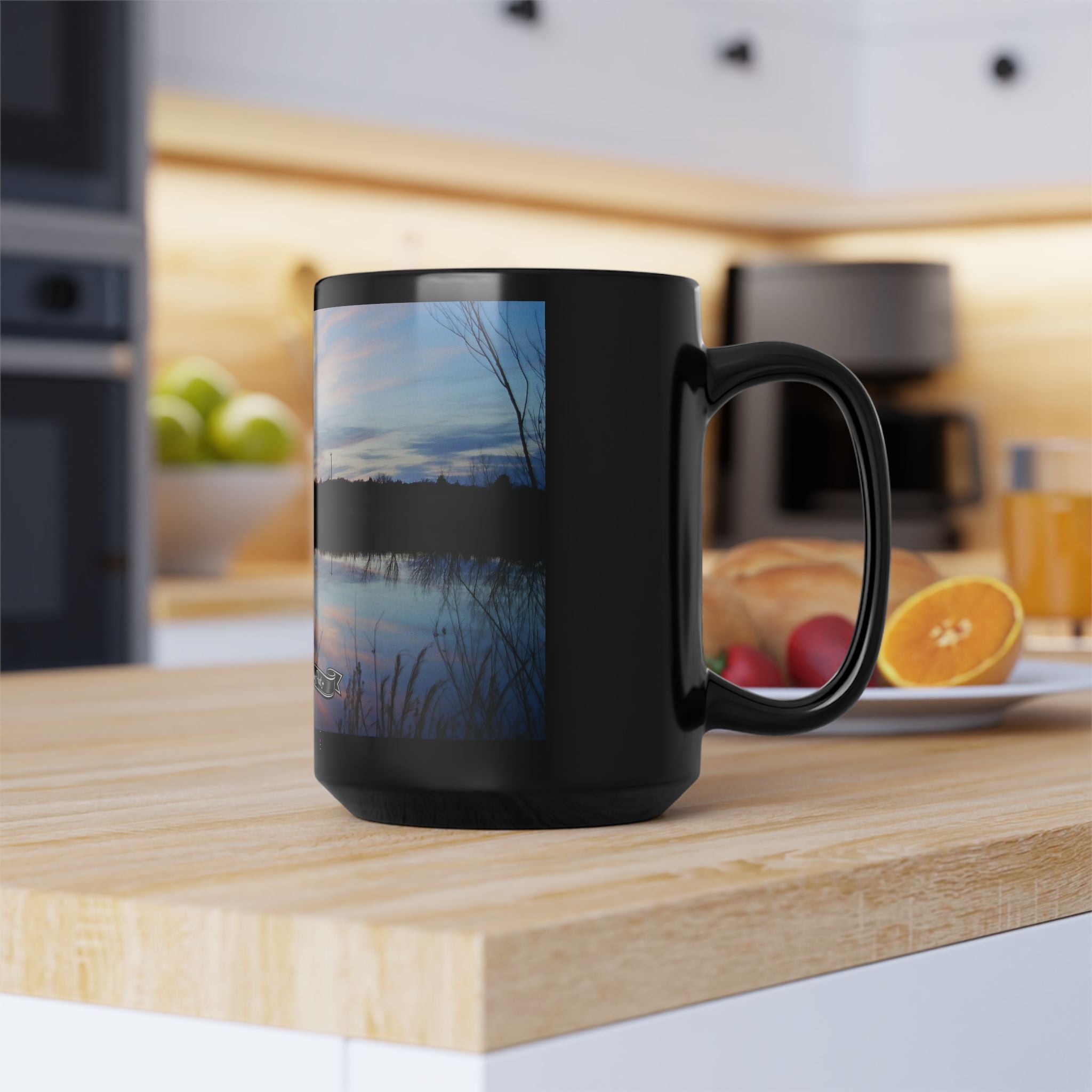 Oklahoma Sunset Lake Scene Mug | Black Ceramic Coffee Mug