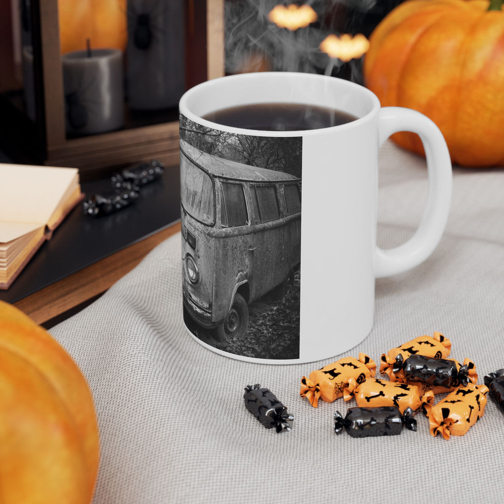 Vintage Rusty VW Bus Photo Mug | Black and White Camper Van Coffee Cup