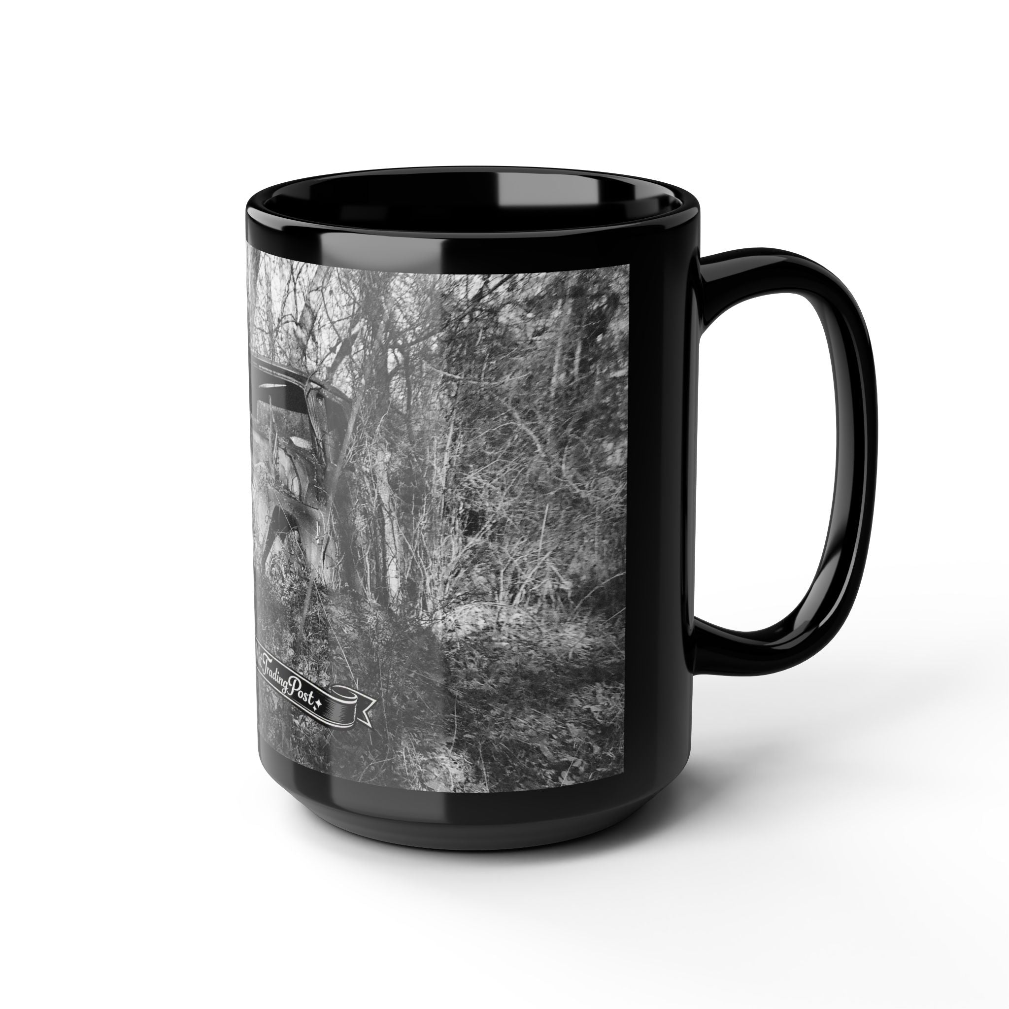 Abandoned Truck Scene Black Mug | Rustic Farmhouse Graveled Road Photo