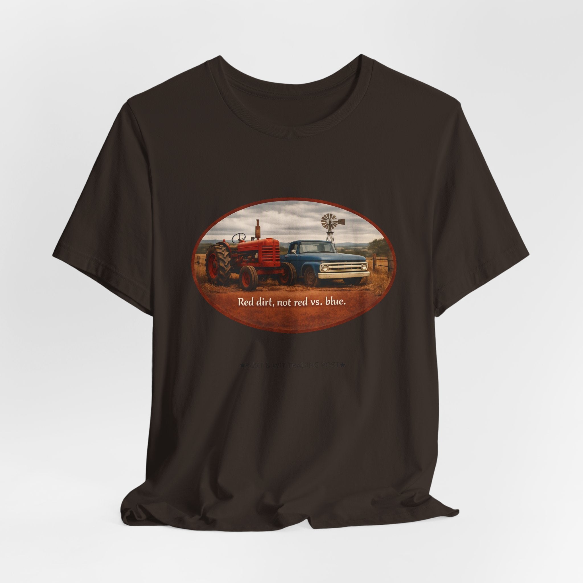 Vintage Farm Trucks Tee — "Red dirt, not red vs. blue."