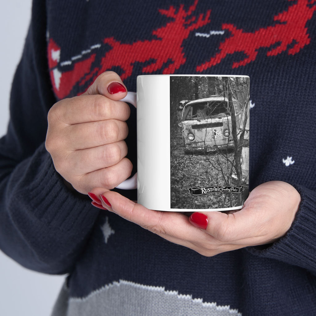 Vintage Rusty VW Bus Photo Mug | Black and White Camper Van Coffee Cup