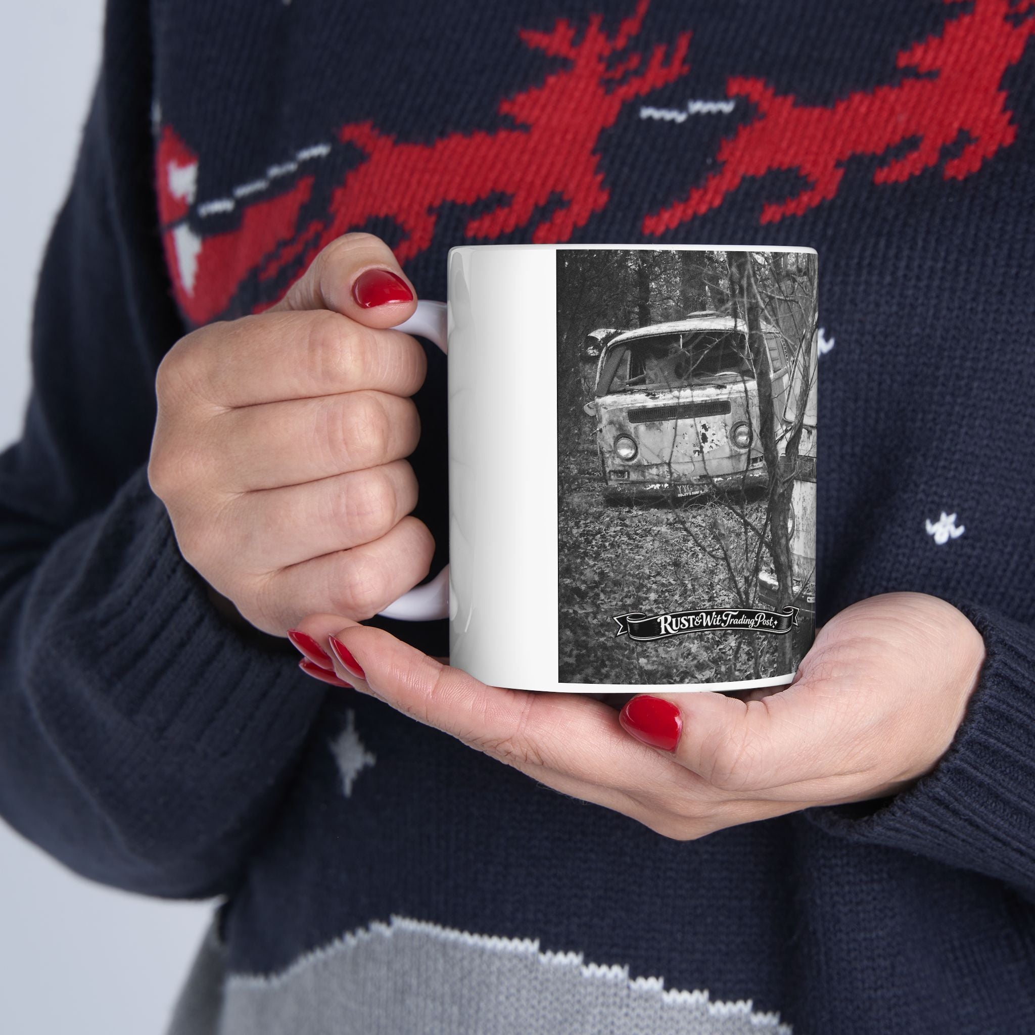 Vintage Rusty VW Bus Photo Mug | Black and White Camper Van Coffee Cup