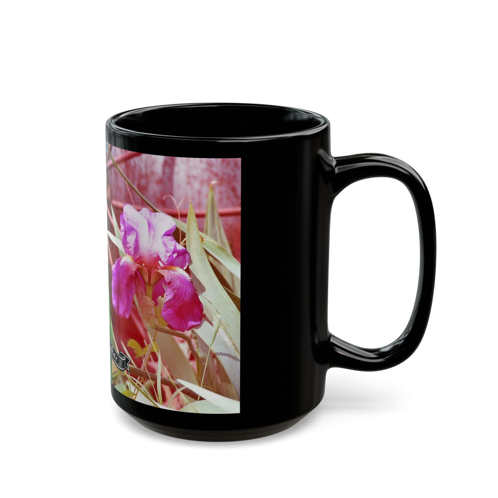 Pink Iris Floral Photo Mug | Black Ceramic Coffee Mug