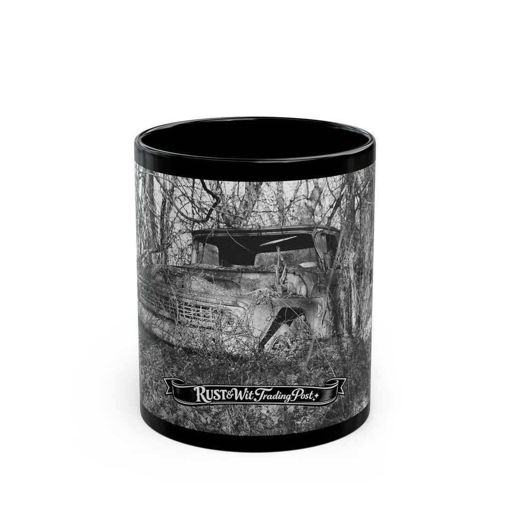 Abandoned Truck Scene Black Mug | Rustic Farmhouse Graveled Road Photo