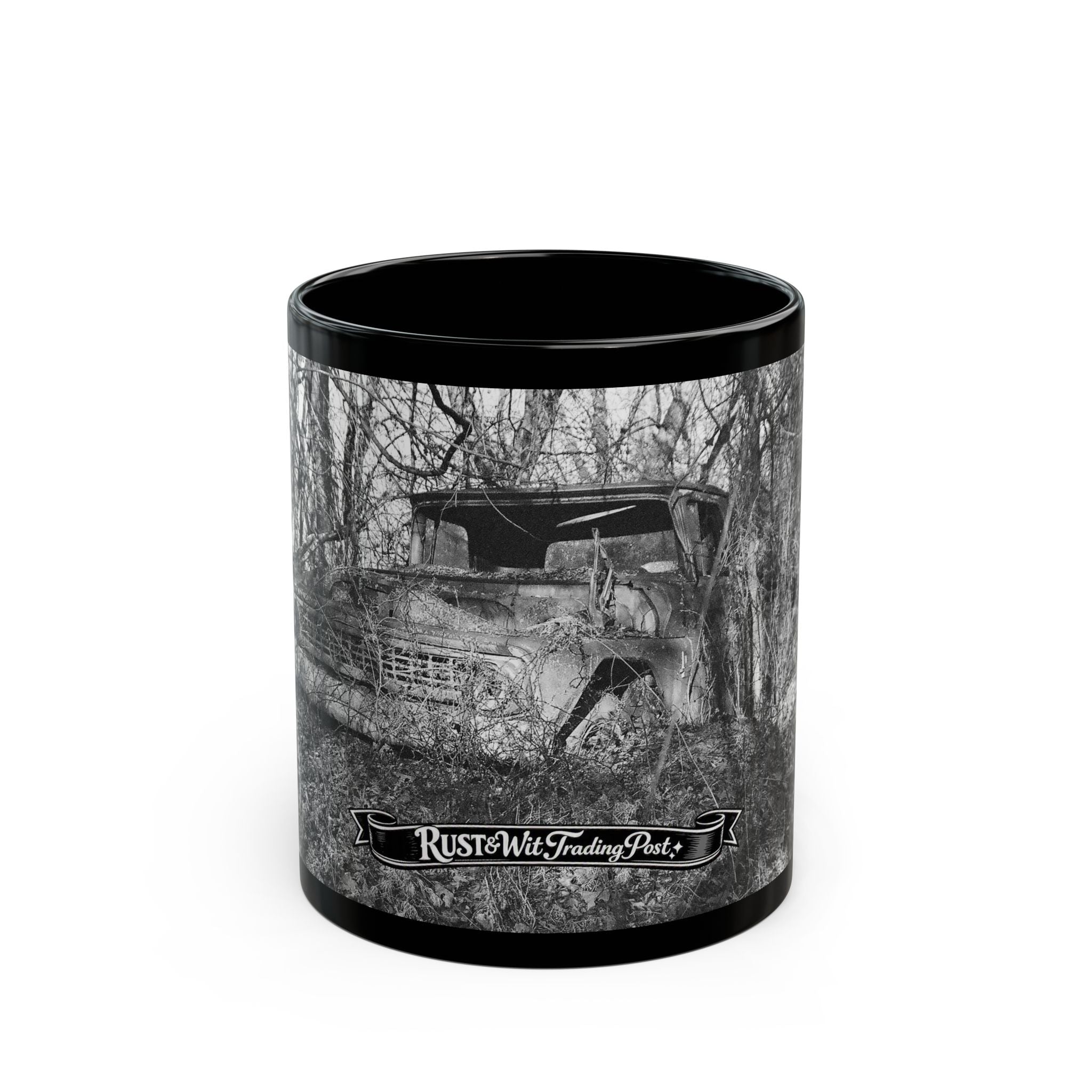 Abandoned Truck Scene Black Mug | Rustic Farmhouse Graveled Road Photo