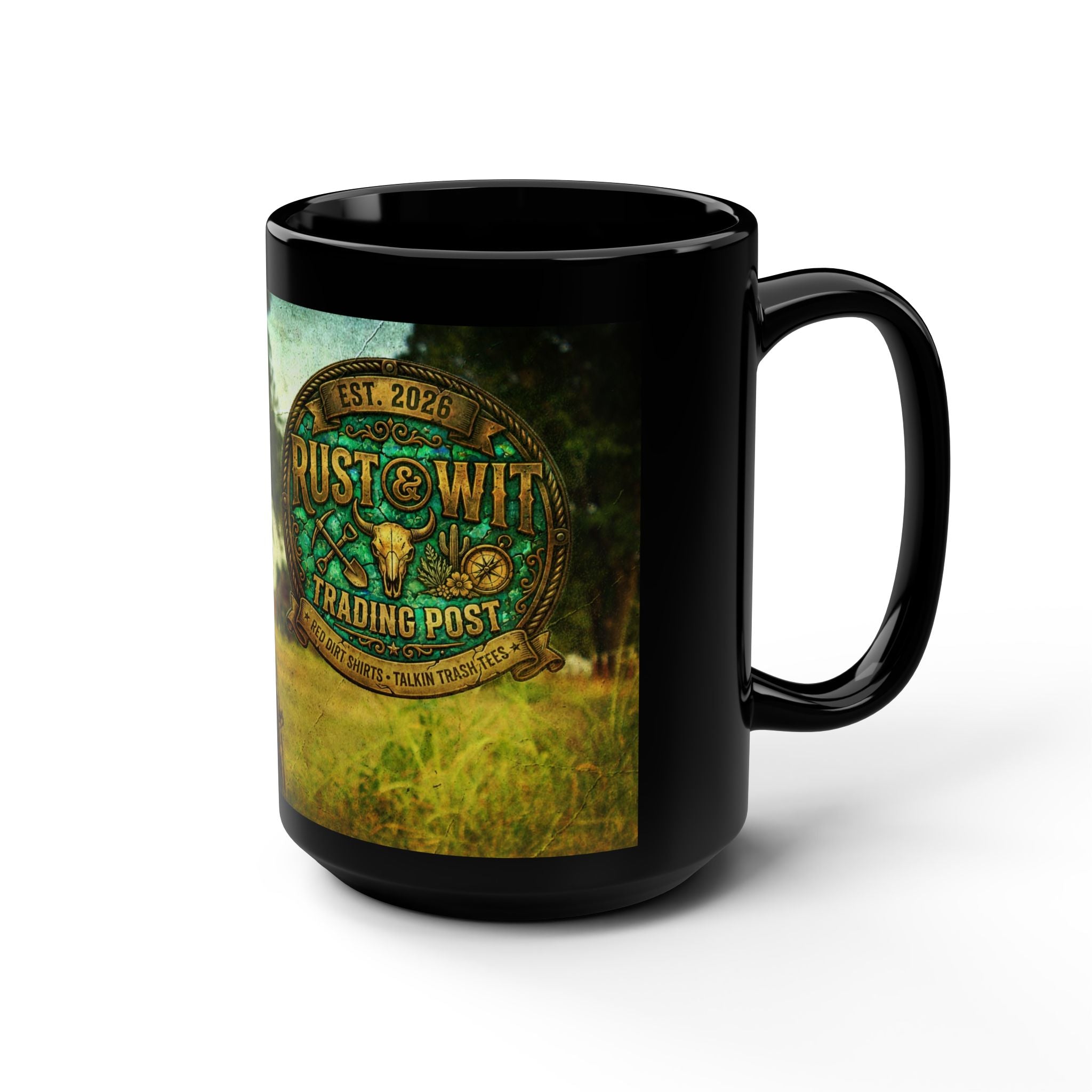 Rust & Wit Trading Post 15oz Black Coffee Mug — Rustic Vintage Field Logo