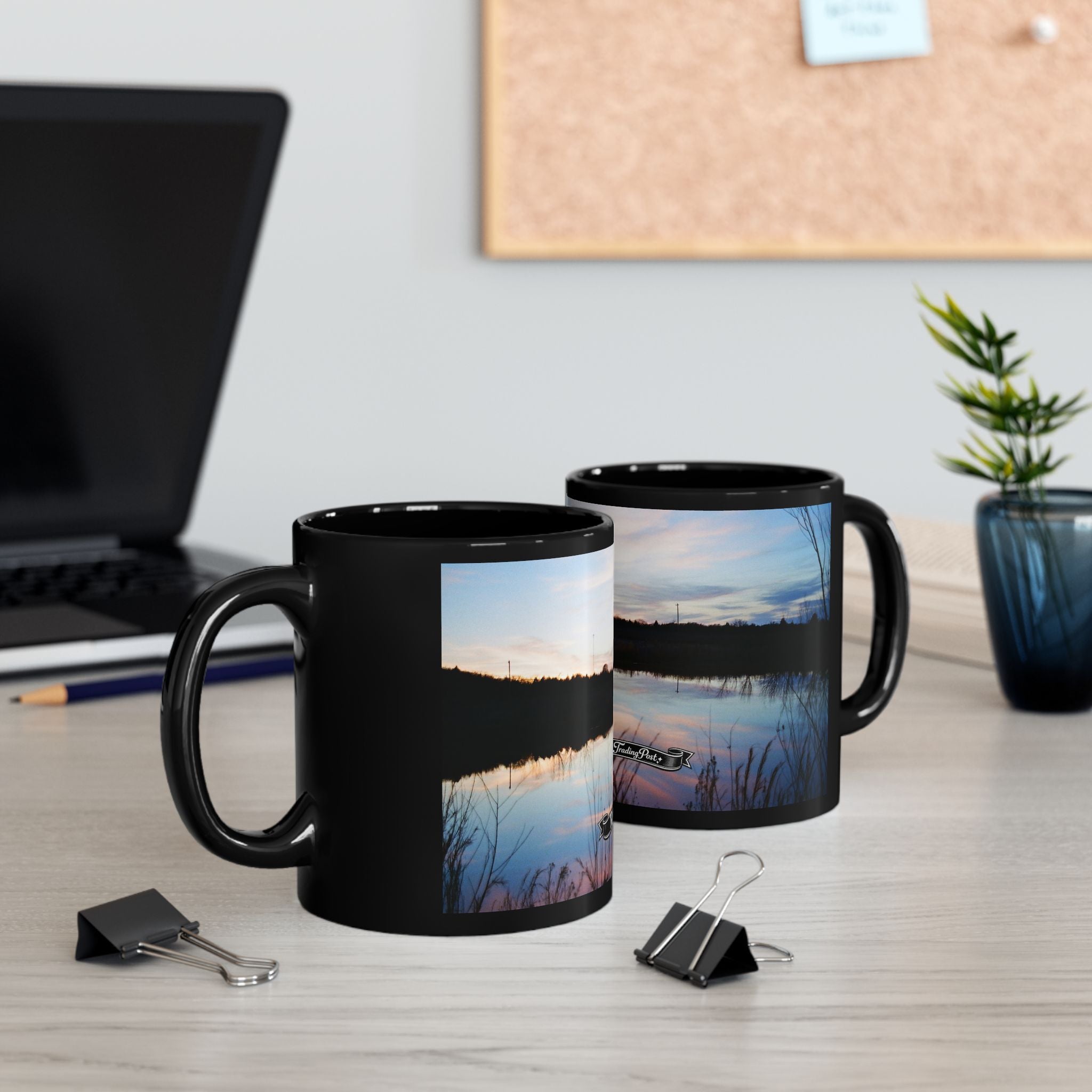 Oklahoma Sunset Lake Scene Mug | Black Ceramic Coffee Mug