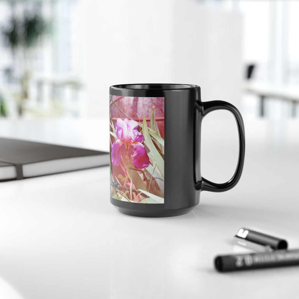 Pink Iris Floral Photo Mug | Black Ceramic Coffee Mug