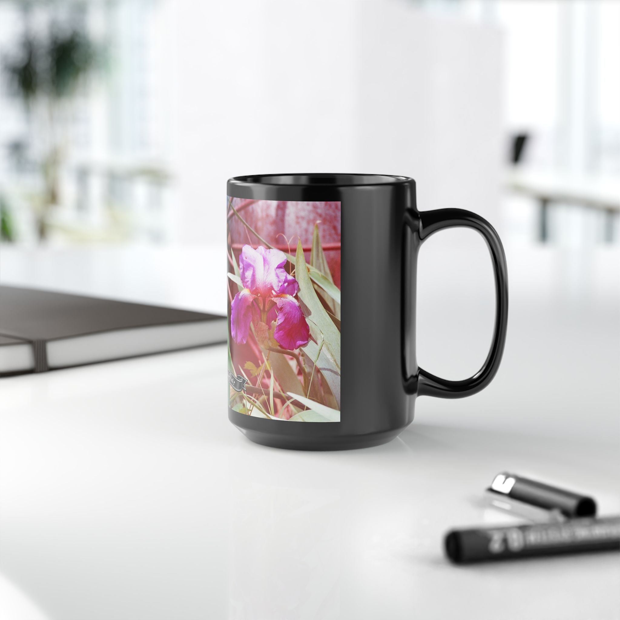 Pink Iris Floral Photo Mug | Black Ceramic Coffee Mug
