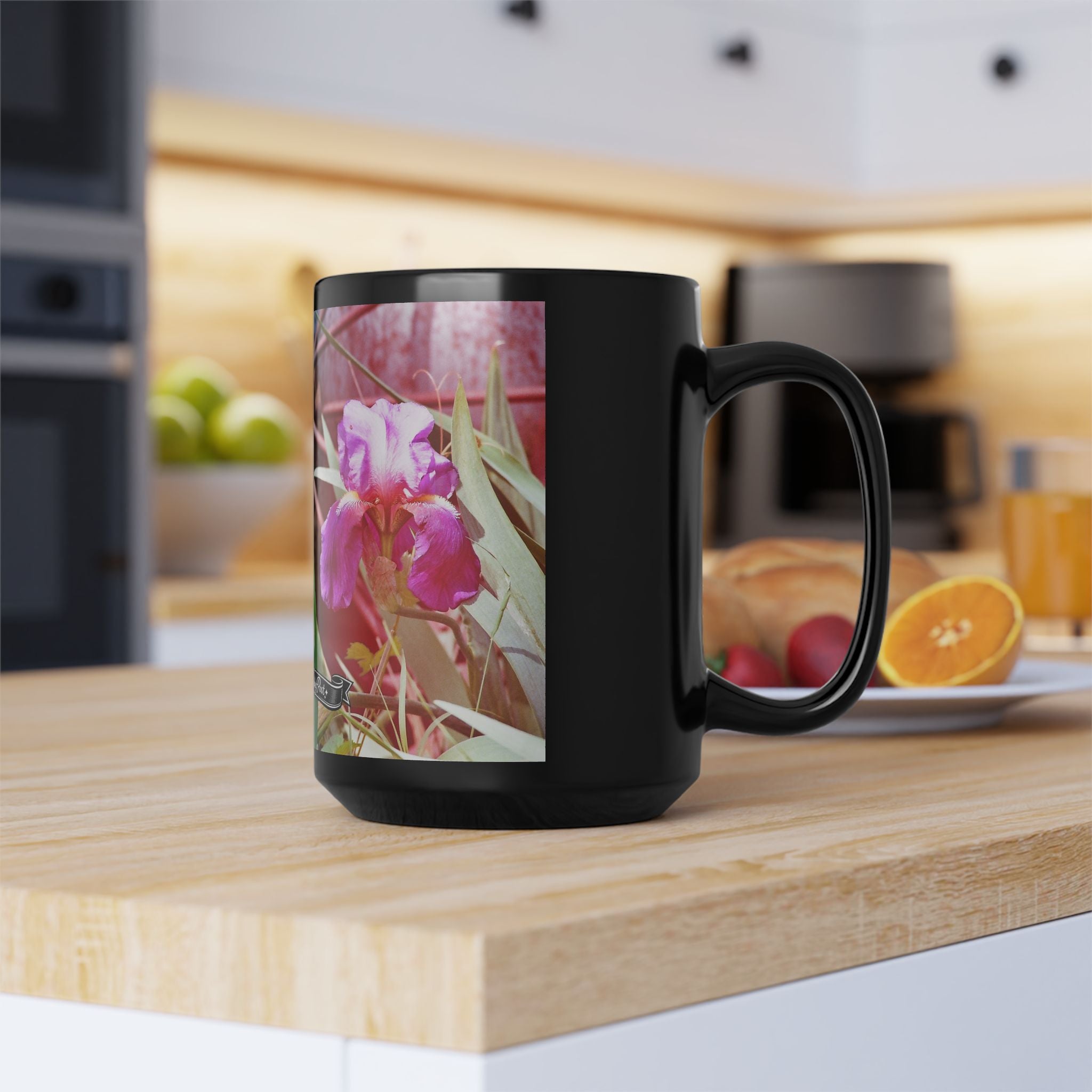 Pink Iris Floral Photo Mug | Black Ceramic Coffee Mug
