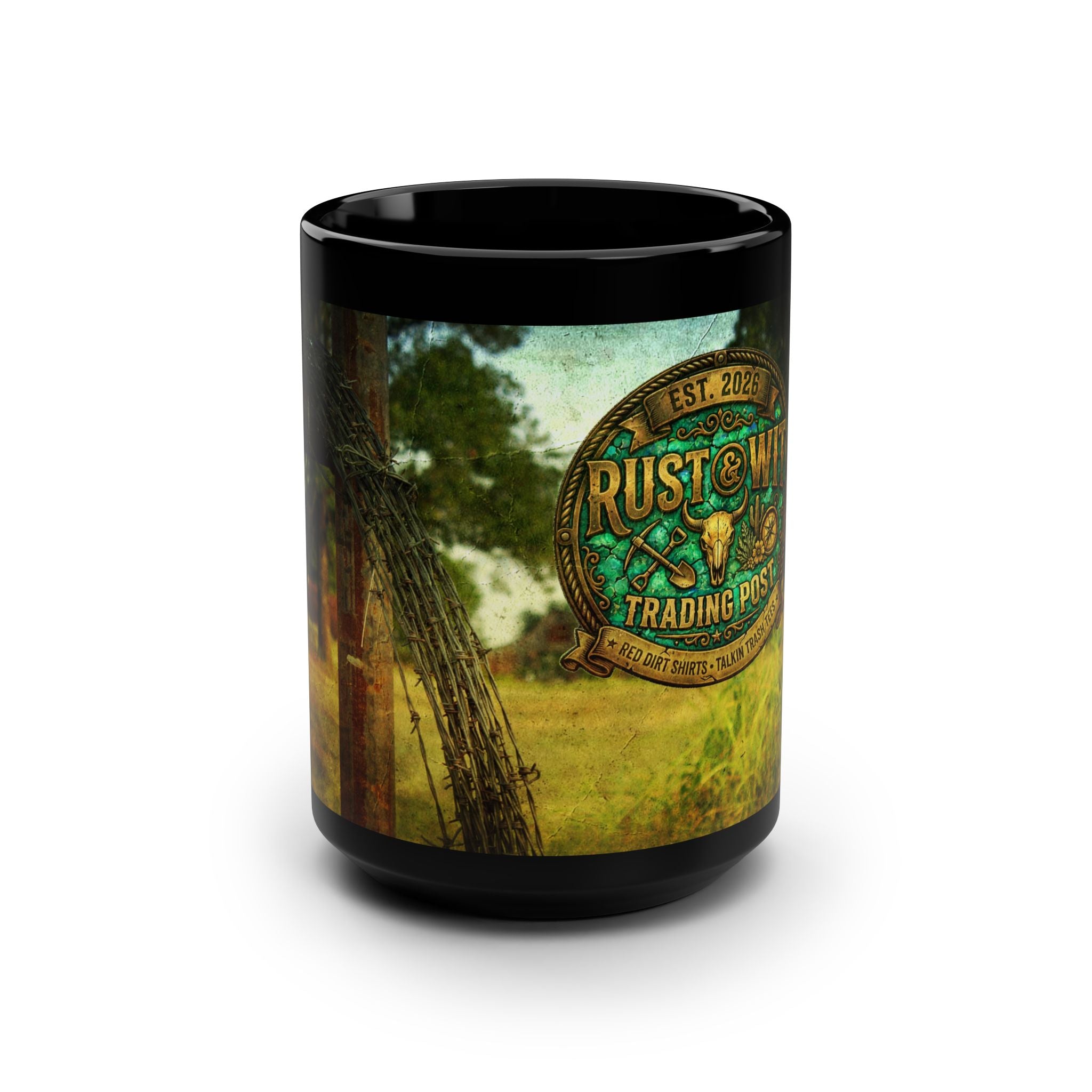 Rust & Wit Trading Post 15oz Black Coffee Mug — Rustic Vintage Field Logo