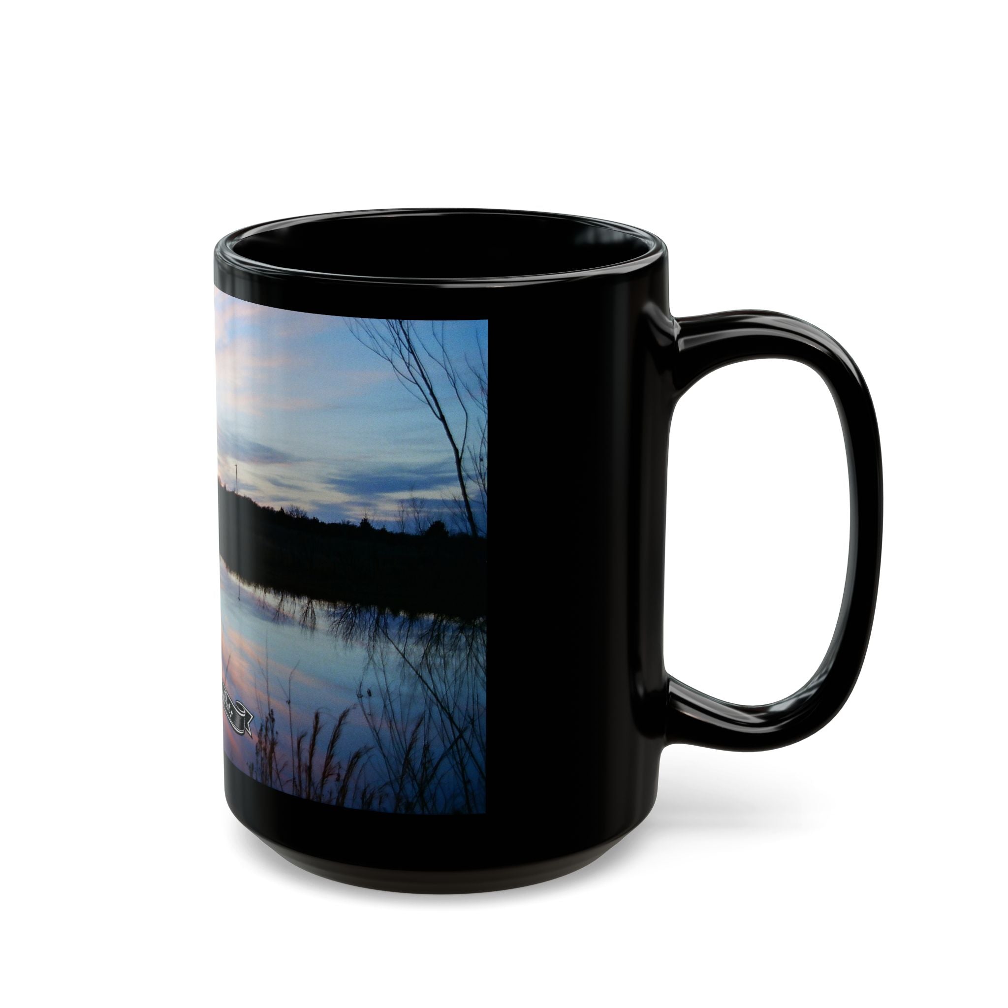 Oklahoma Sunset Lake Scene Mug | Black Ceramic Coffee Mug
