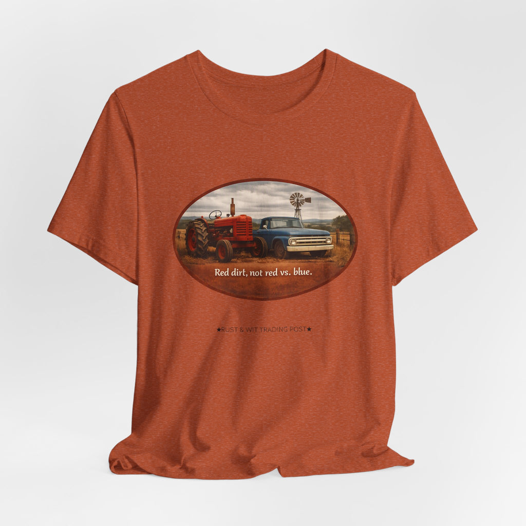 Vintage Farm Trucks Tee — "Red dirt, not red vs. blue."
