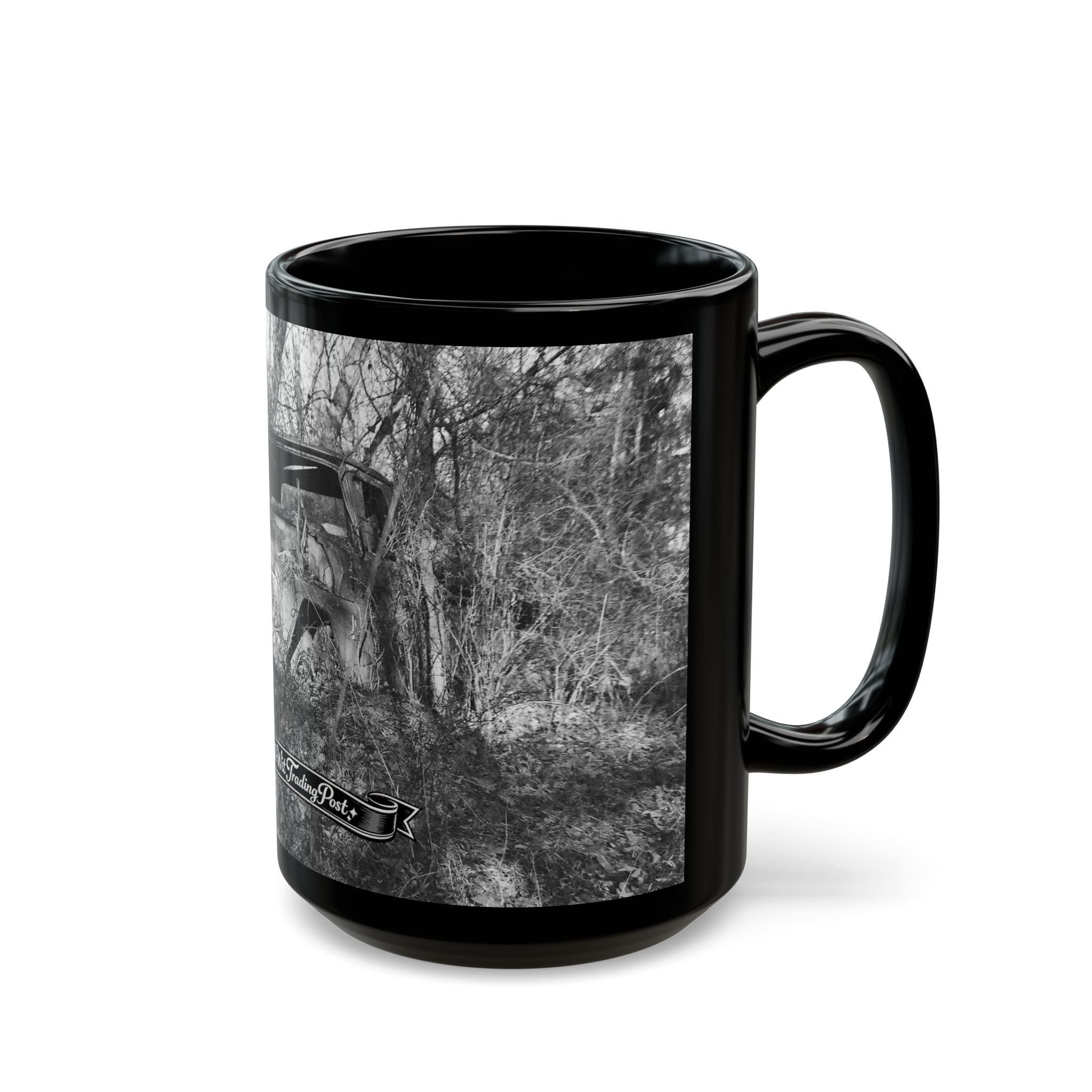 Abandoned Truck Scene Black Mug | Rustic Farmhouse Graveled Road Photo