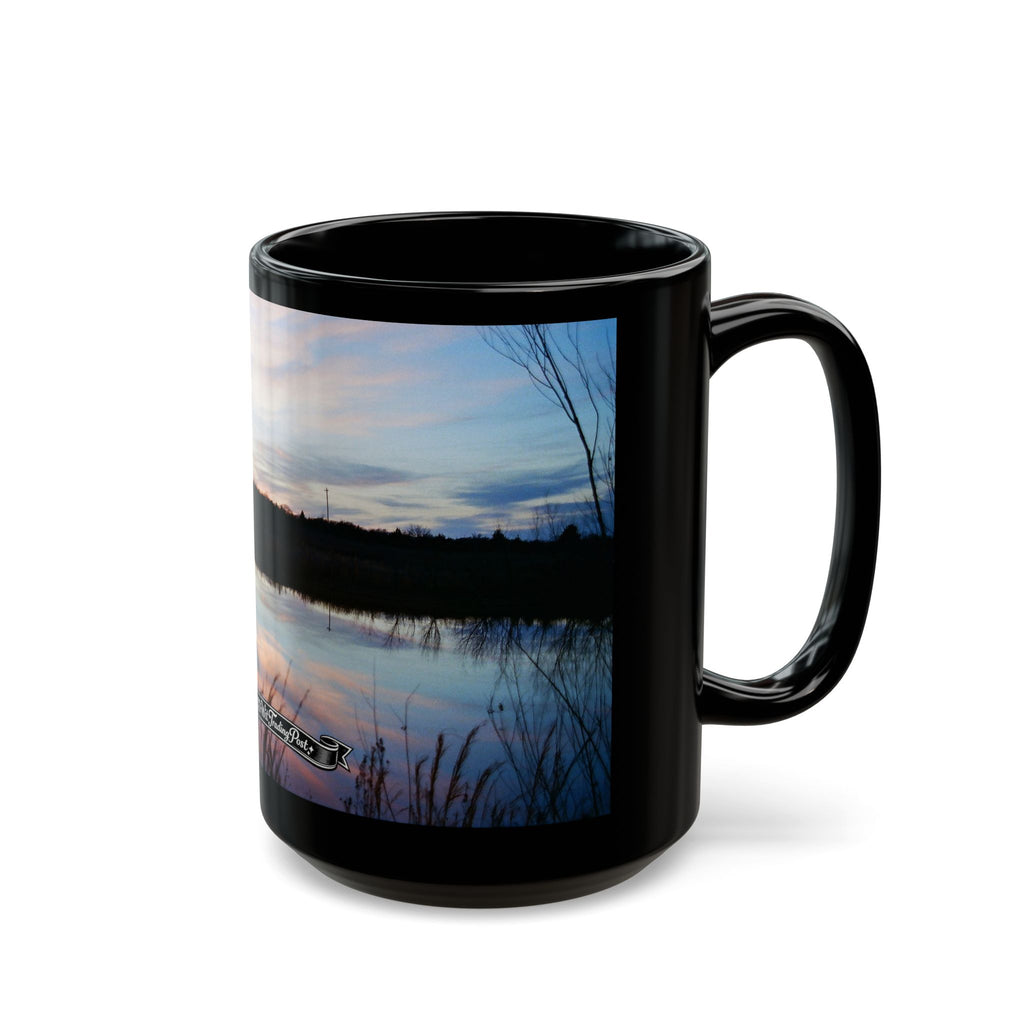 Oklahoma Sunset Lake Scene Mug | Black Ceramic Coffee Mug