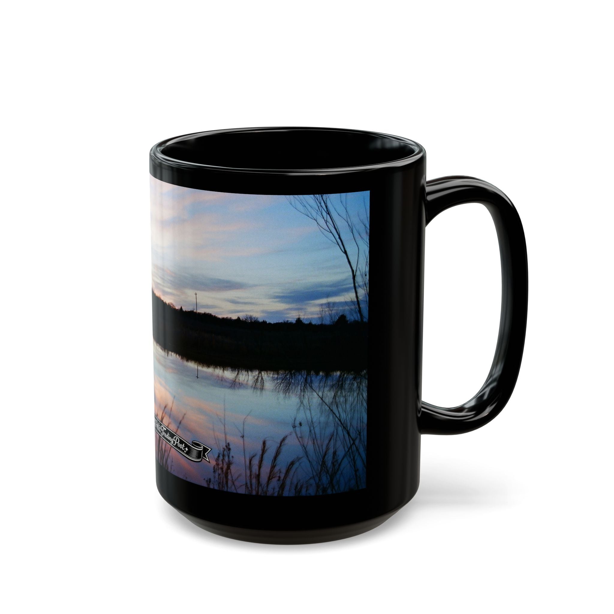 Oklahoma Sunset Lake Scene Mug | Black Ceramic Coffee Mug