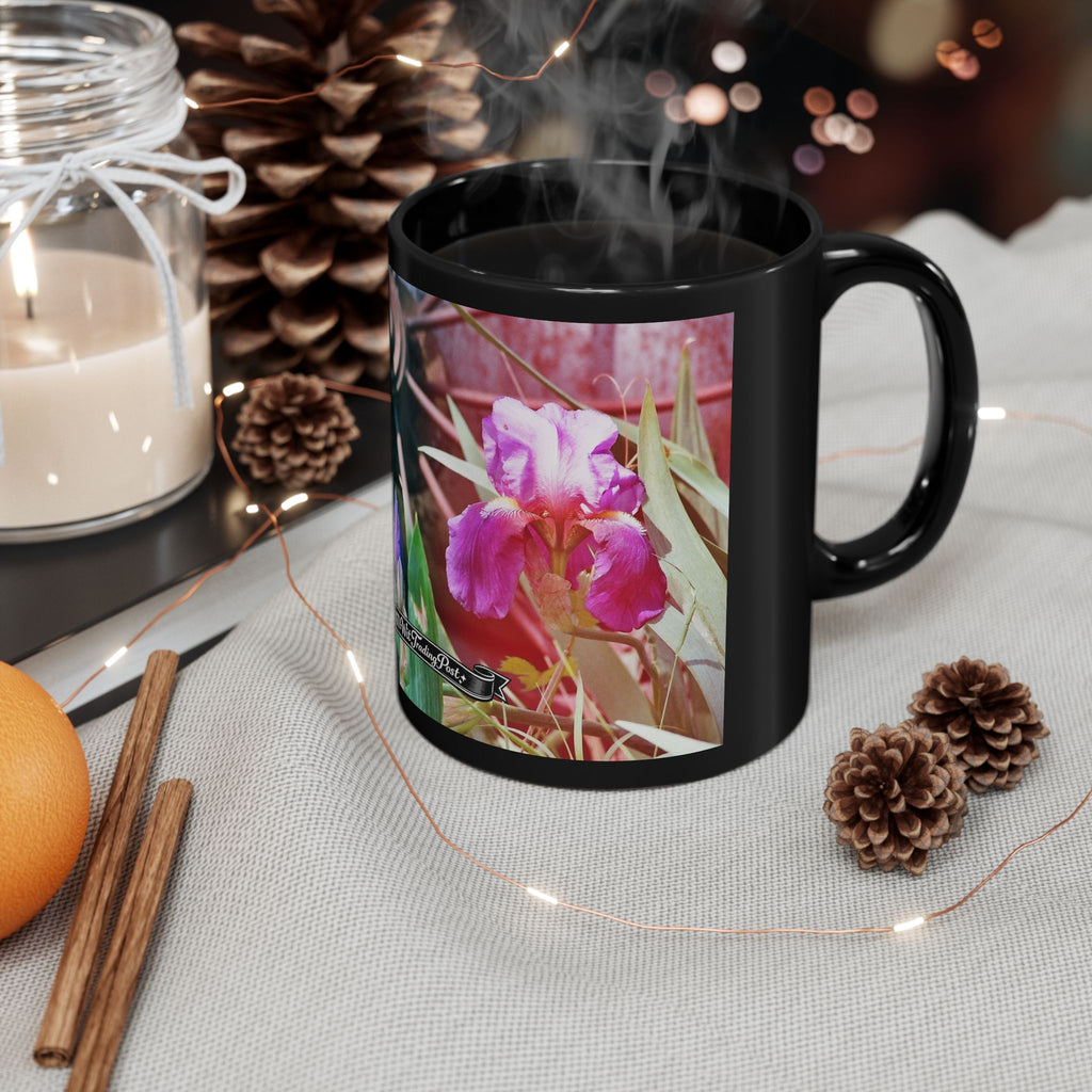 Pink Iris Floral Photo Mug | Black Ceramic Coffee Mug