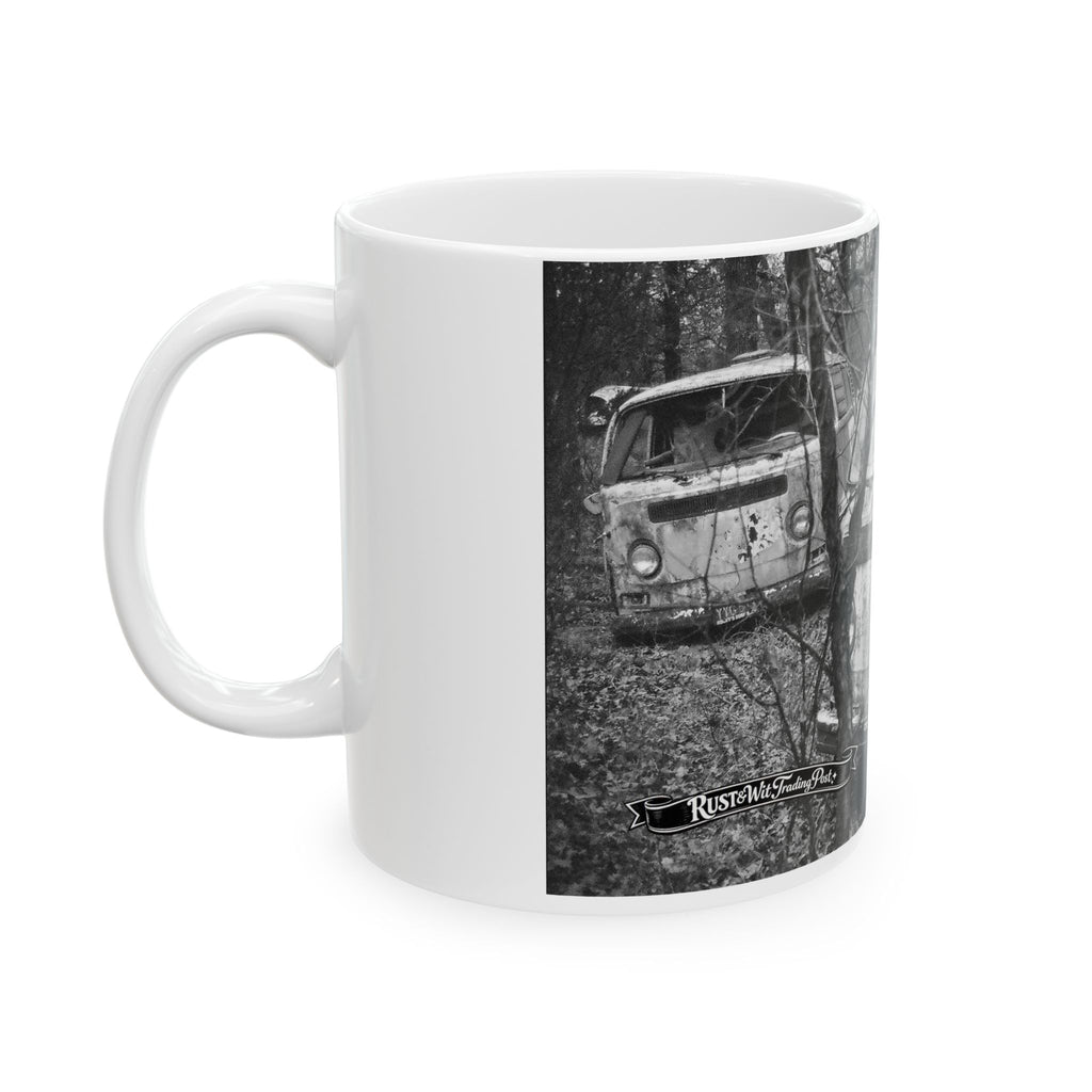 Vintage Rusty VW Bus Photo Mug | Black and White Camper Van Coffee Cup