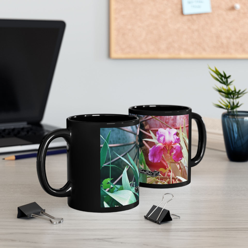 Pink Iris Floral Photo Mug | Black Ceramic Coffee Mug