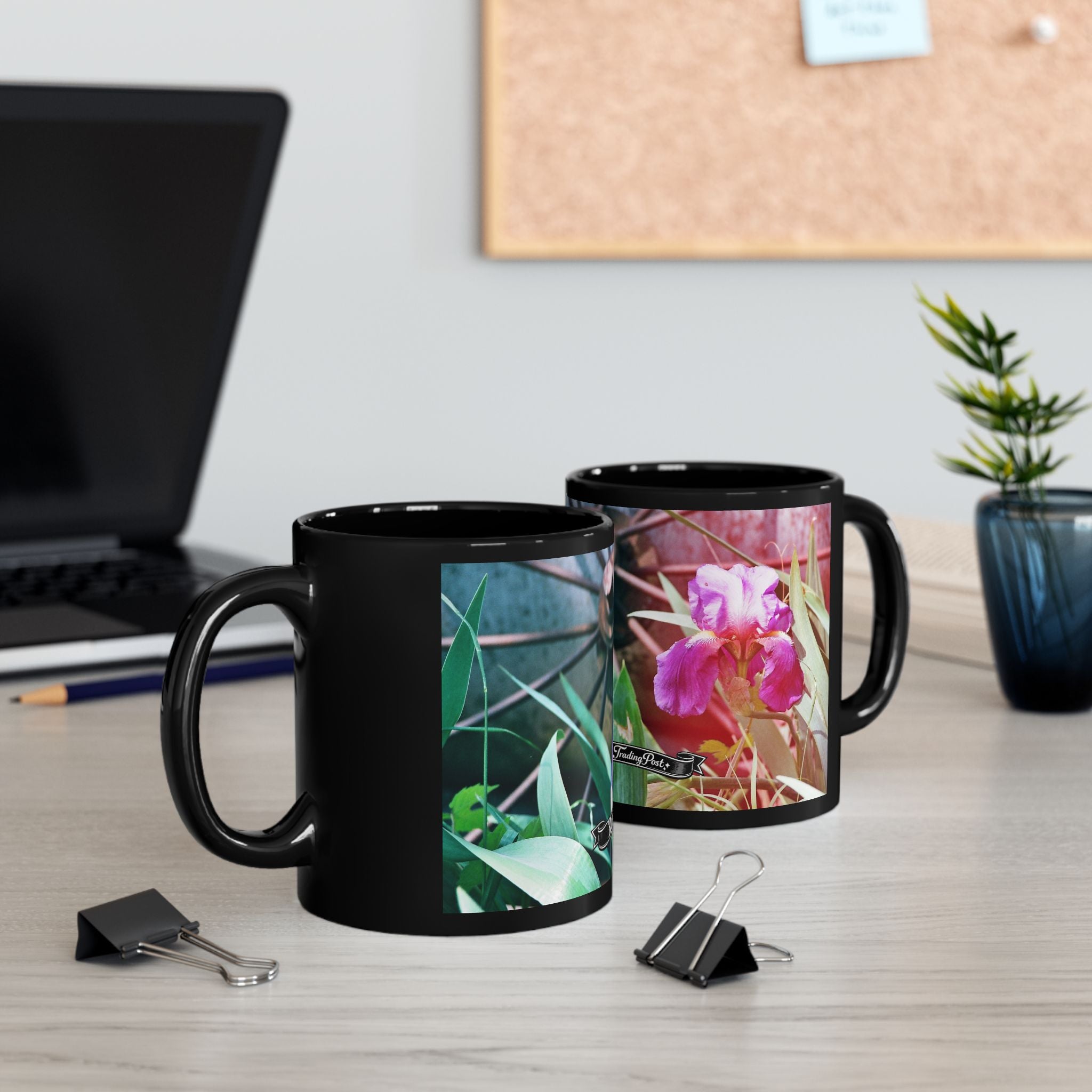 Pink Iris Floral Photo Mug | Black Ceramic Coffee Mug