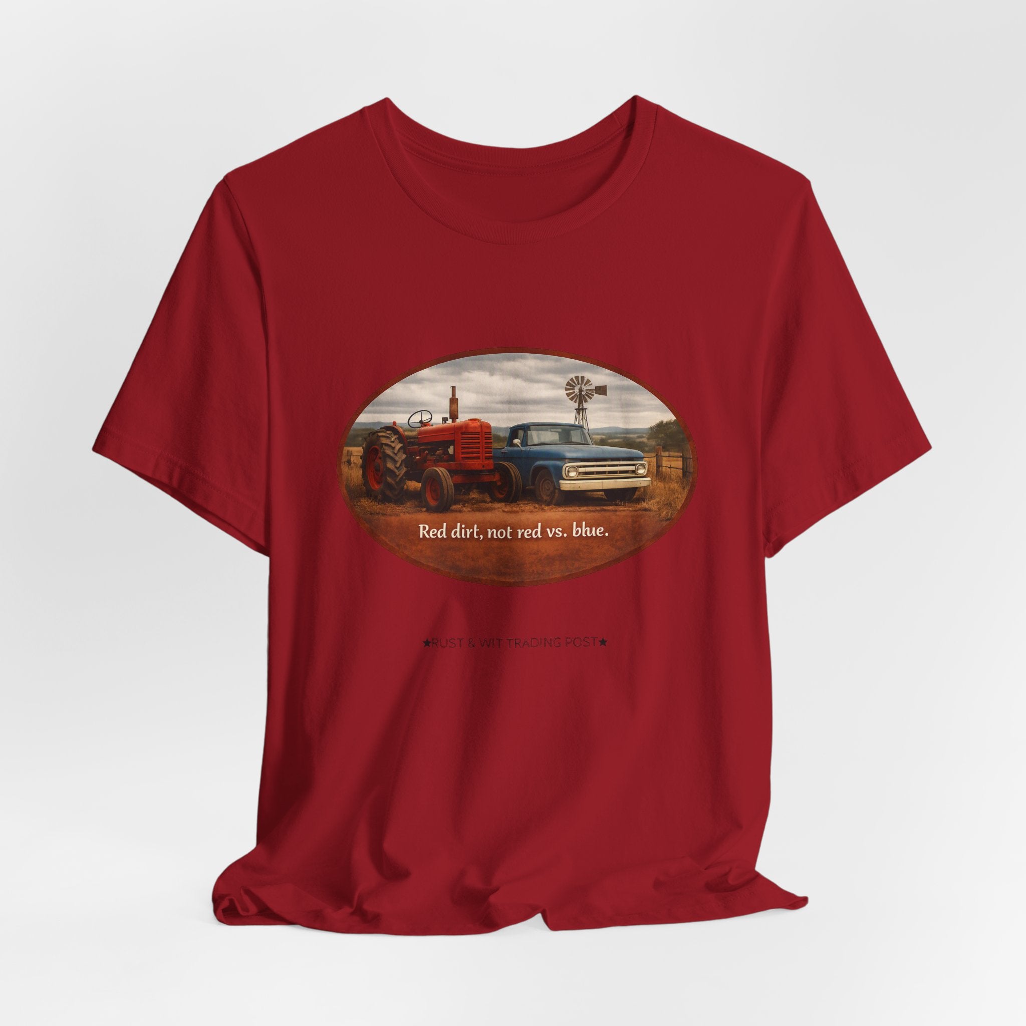 Vintage Farm Trucks Tee — "Red dirt, not red vs. blue."